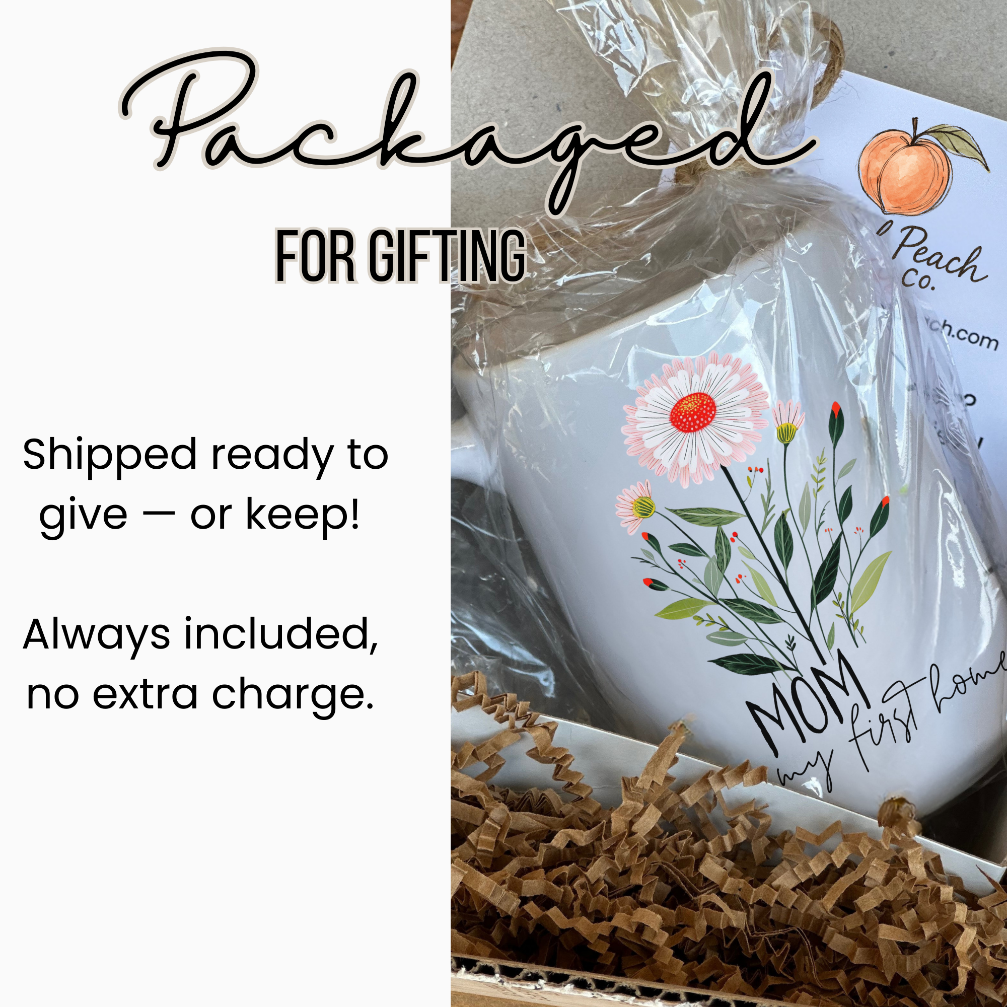 Gift-wrapped 15oz ceramic mug with floral design and 'Peach Co' branding, text indicating packaging for gifting.