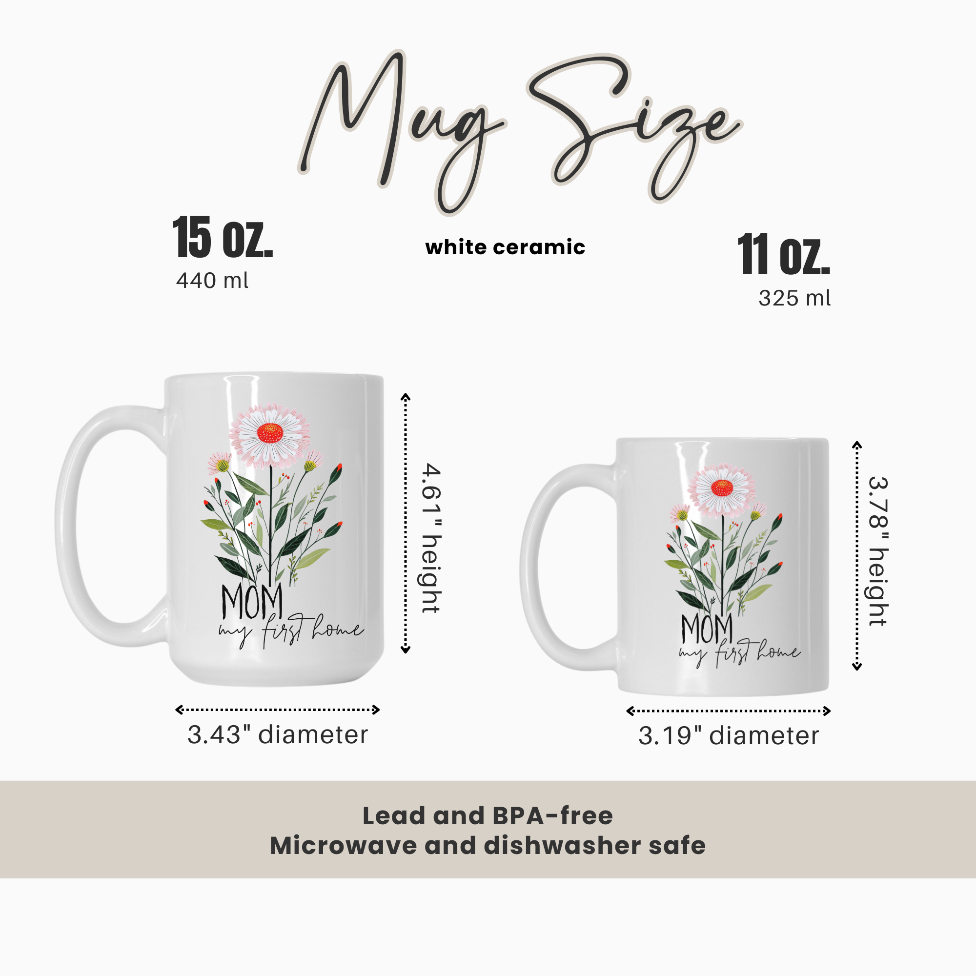 15oz and 11oz mug size comparison chart with two mugs and measurements on a white background