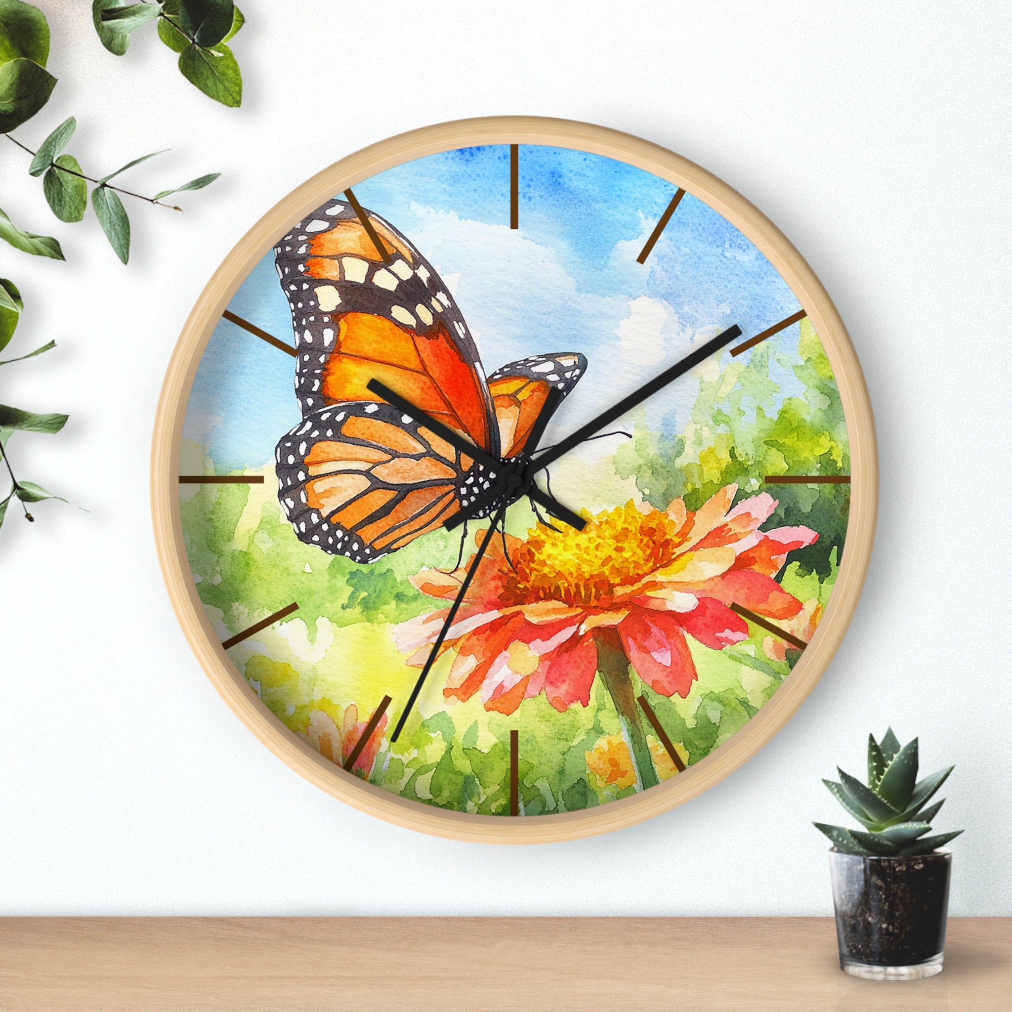 Wood Wall clock with Monarch butterfly and flower design on a white wall background