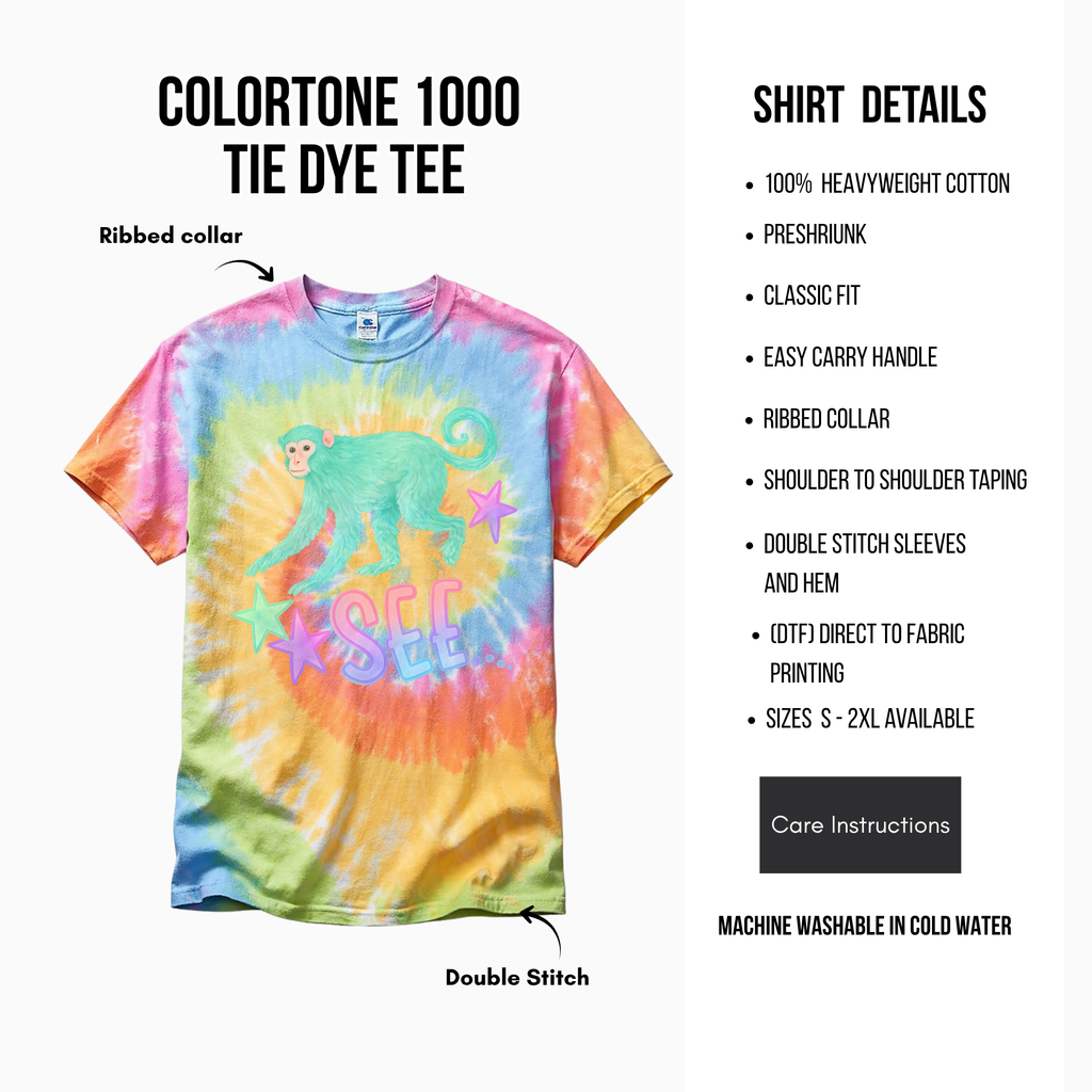 Colorful tie-dye t-shirt with monkey graphic and text, displayed with shirt details on a white background.