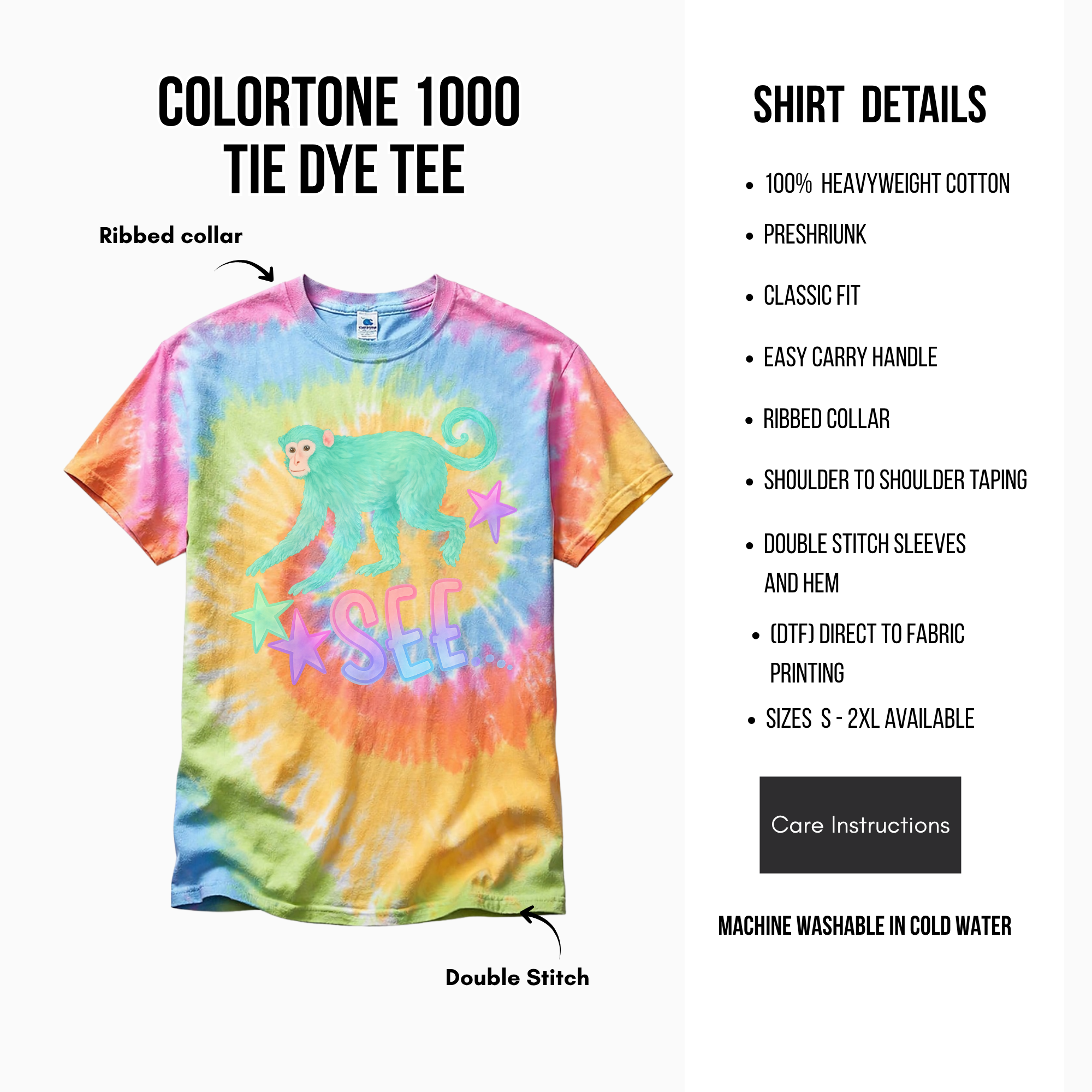 Colorful tie-dye t-shirt with monkey graphic and text, displayed with shirt details on a white background.