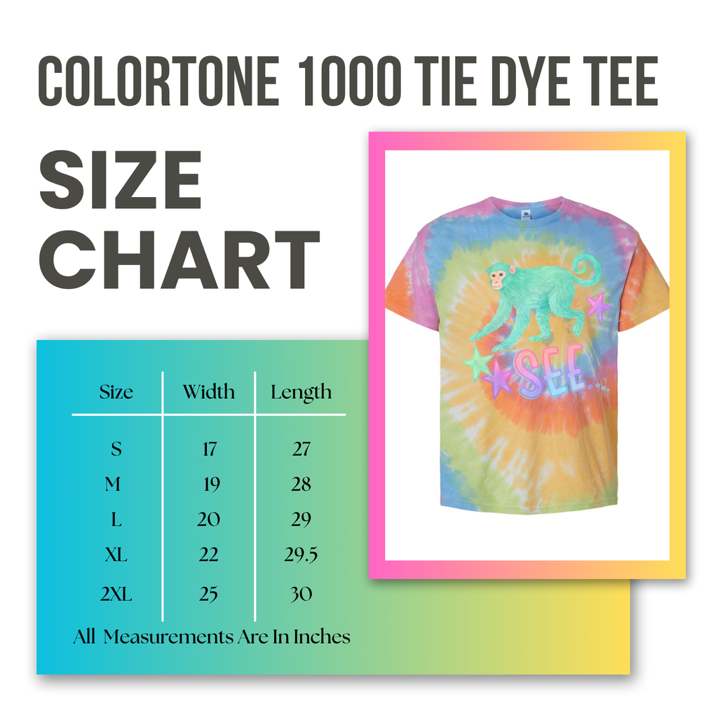 Coloritone 1000 tie dye tee size chart with a colorful t-shirt featuring a monkey design.