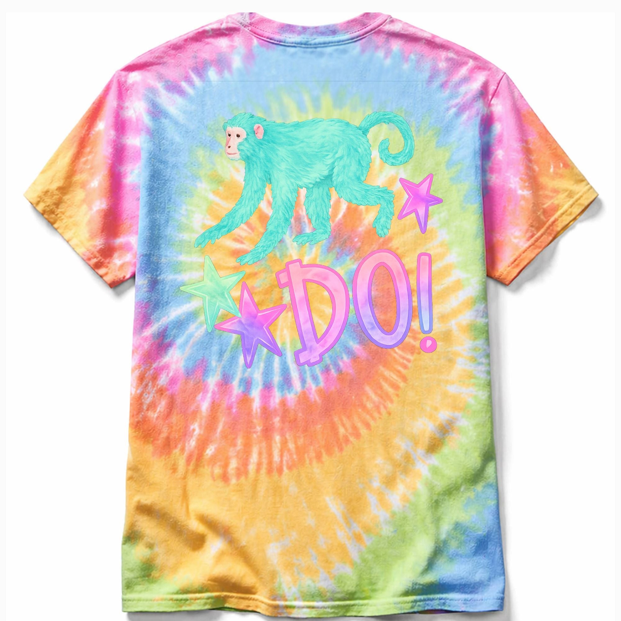 Colorful tie-dye t-shirt with a monkey and 'DO!' text on a white background