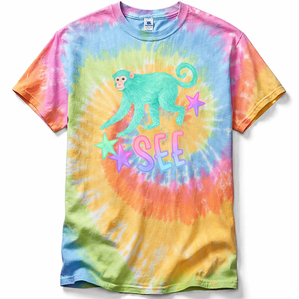 Colorful tie-dye t-shirt with a monkey graphic and 'SEE' text on a white background