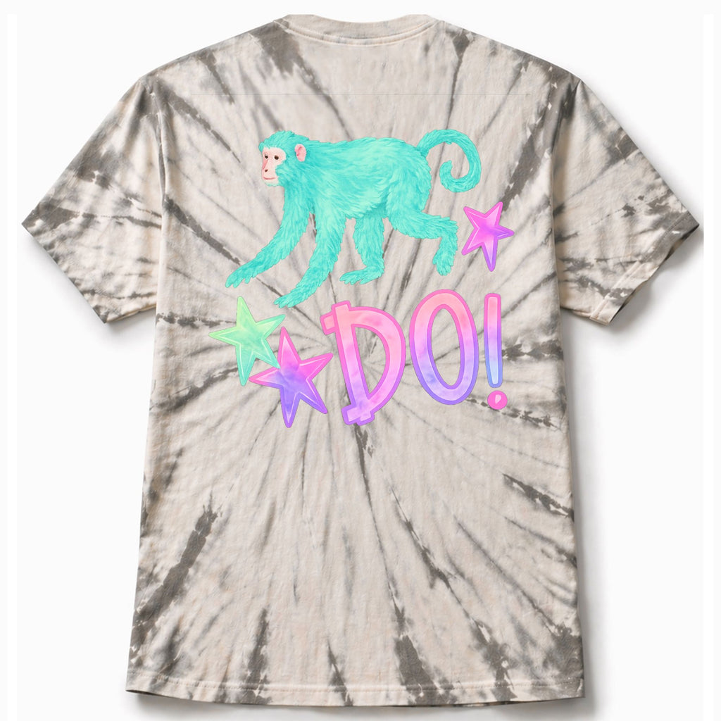 Tie-dye t-shirt with a monkey graphic and 'DO!' text on a white background