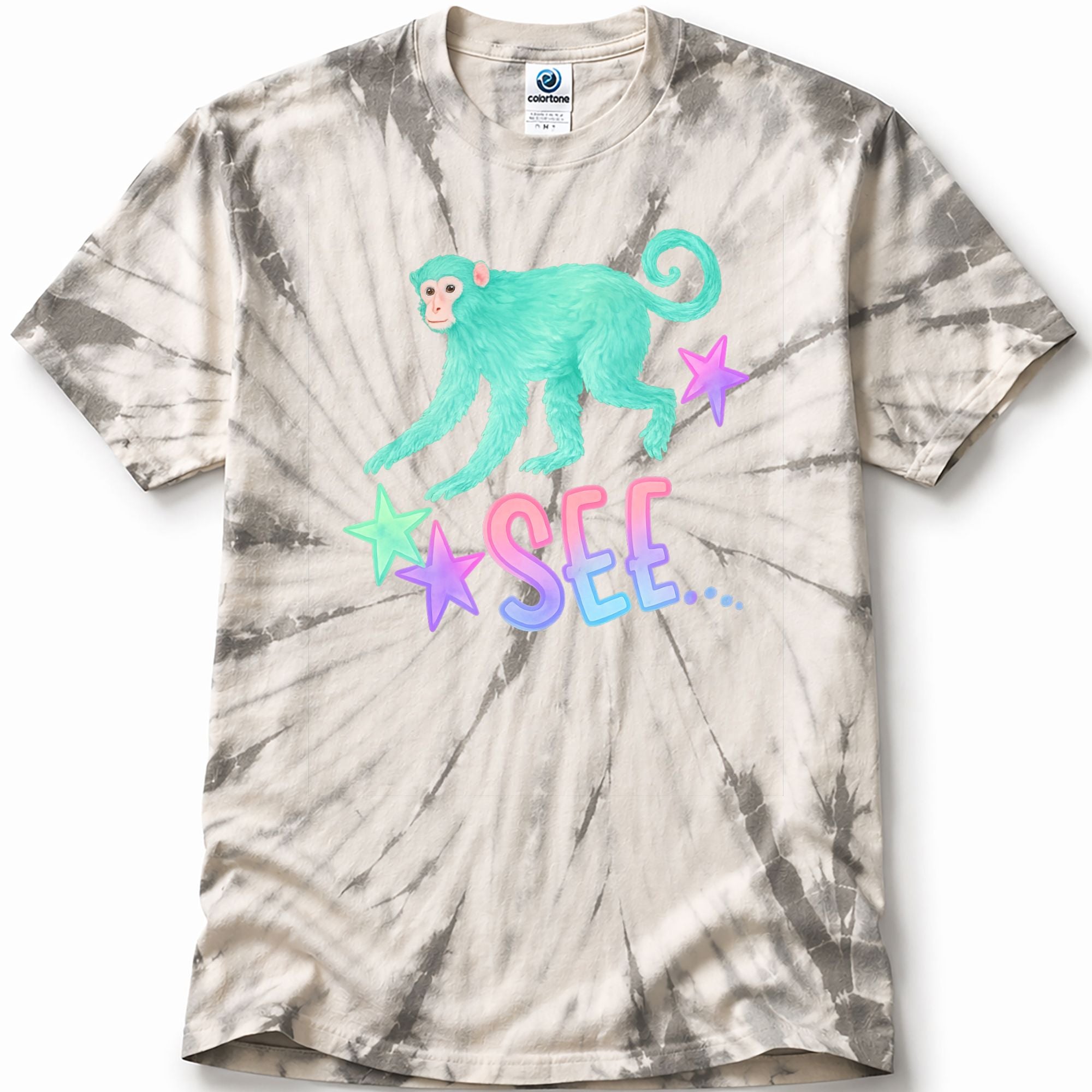 Tie-dye t-shirt with a monkey graphic and colorful text on a white background