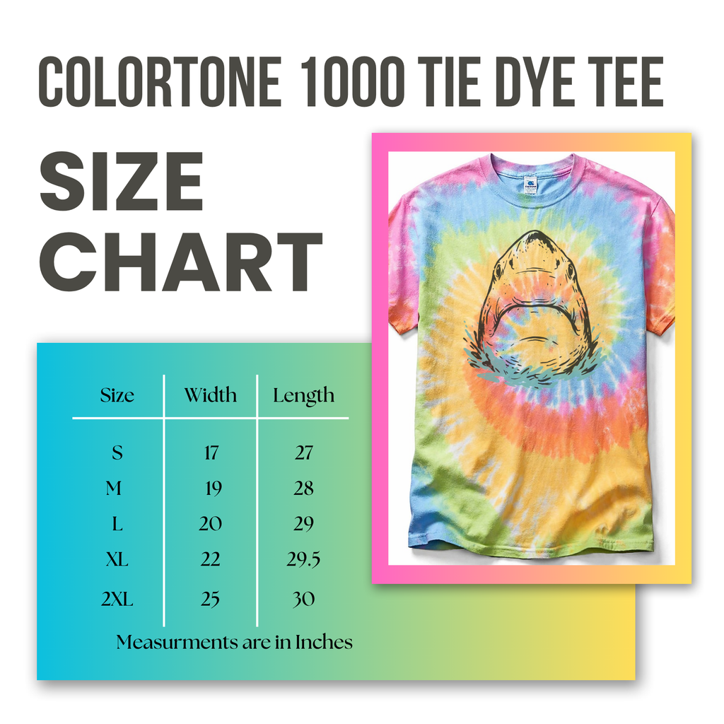 Size chart for Colortone 1000 Tie Dye Tee with a colorful tie-dye t-shirt featuring a shark design.