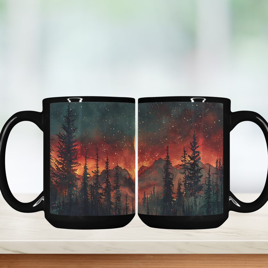 Black mug with a scenic design of trees and mountains on a blurred background