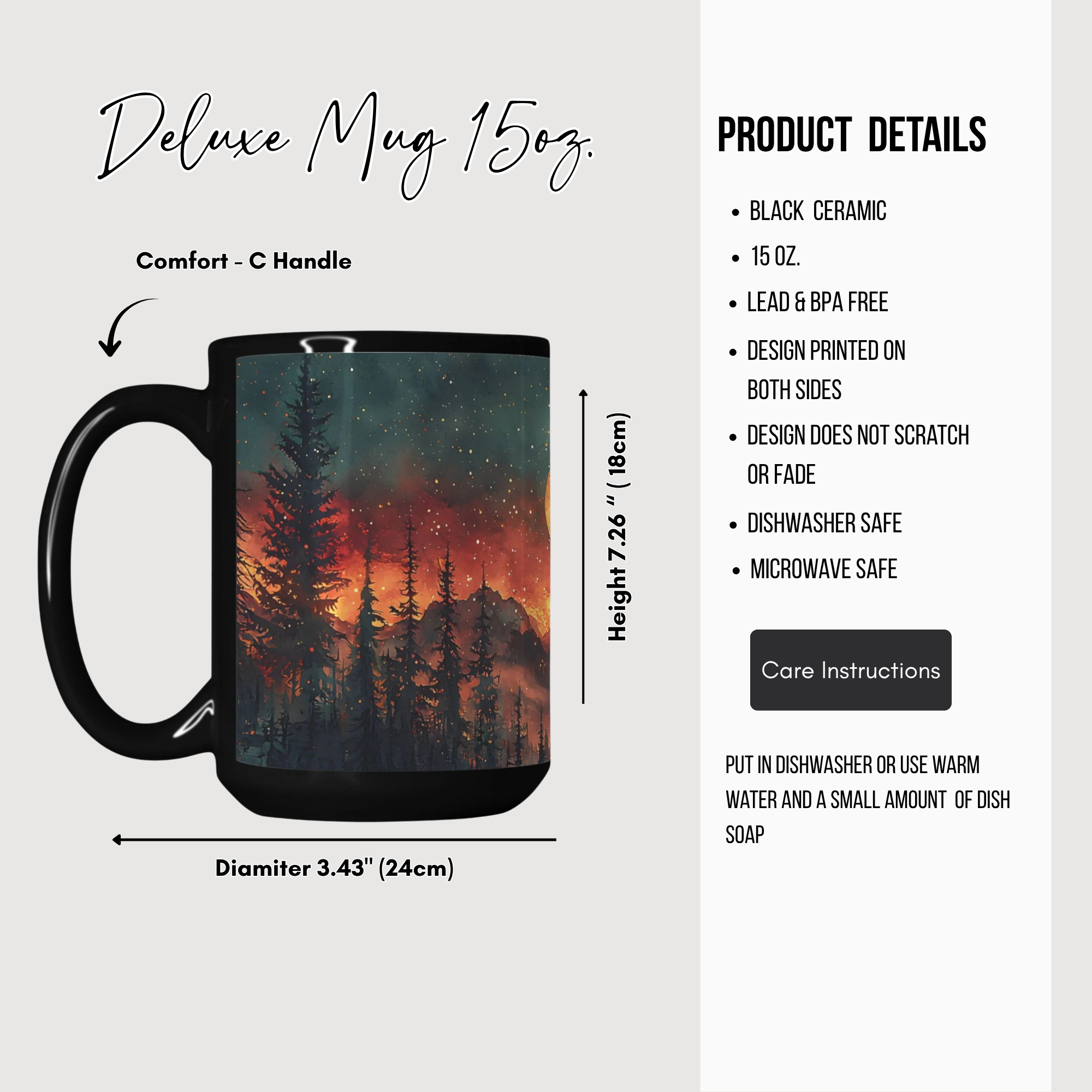Black ceramic mug with nature design, featuring product details on a white background.