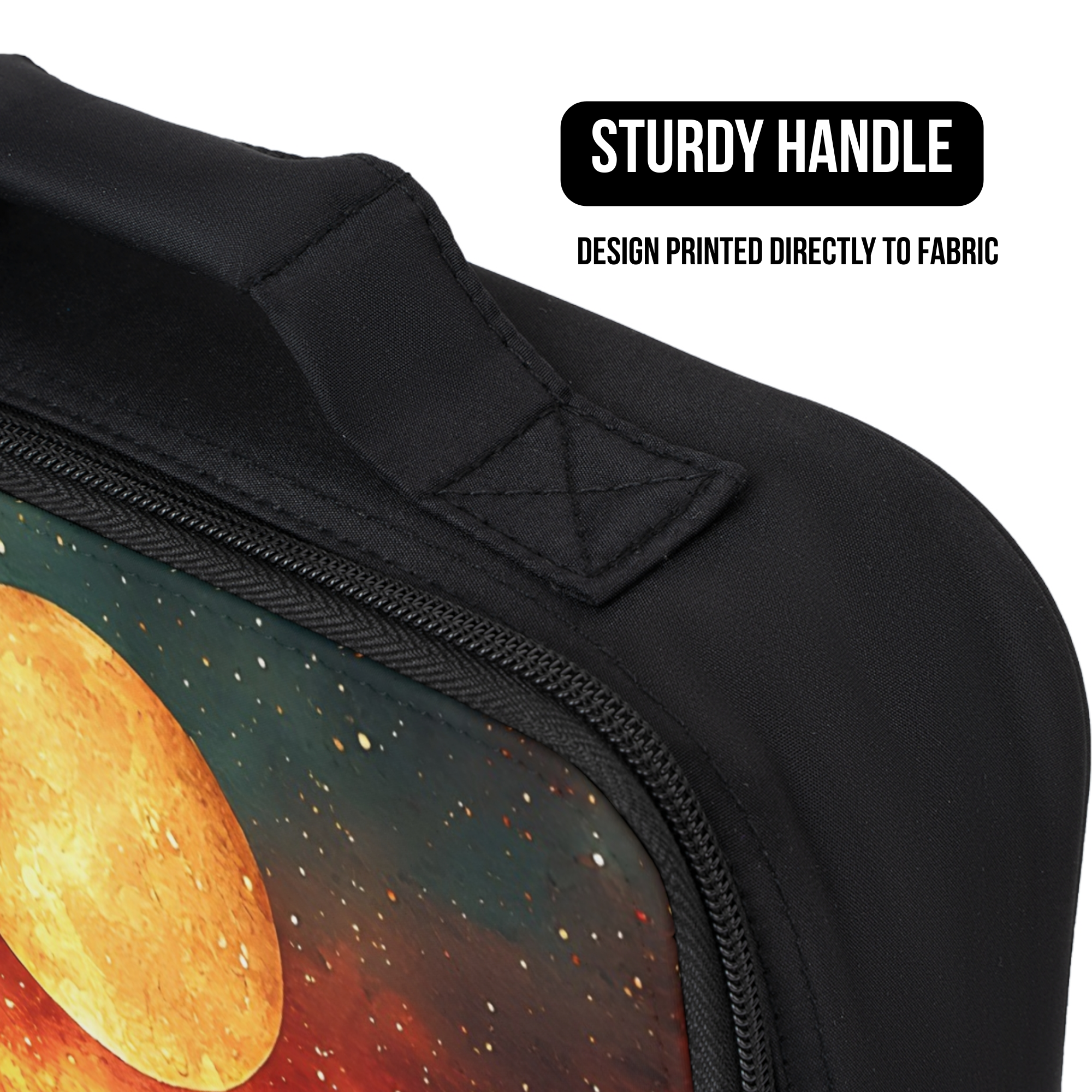 Black lunch bag with a celestial-themed design featuring a sun and stars, labeled 'Sturdy Handle' and 'Design Printed Directly to Fabric'.