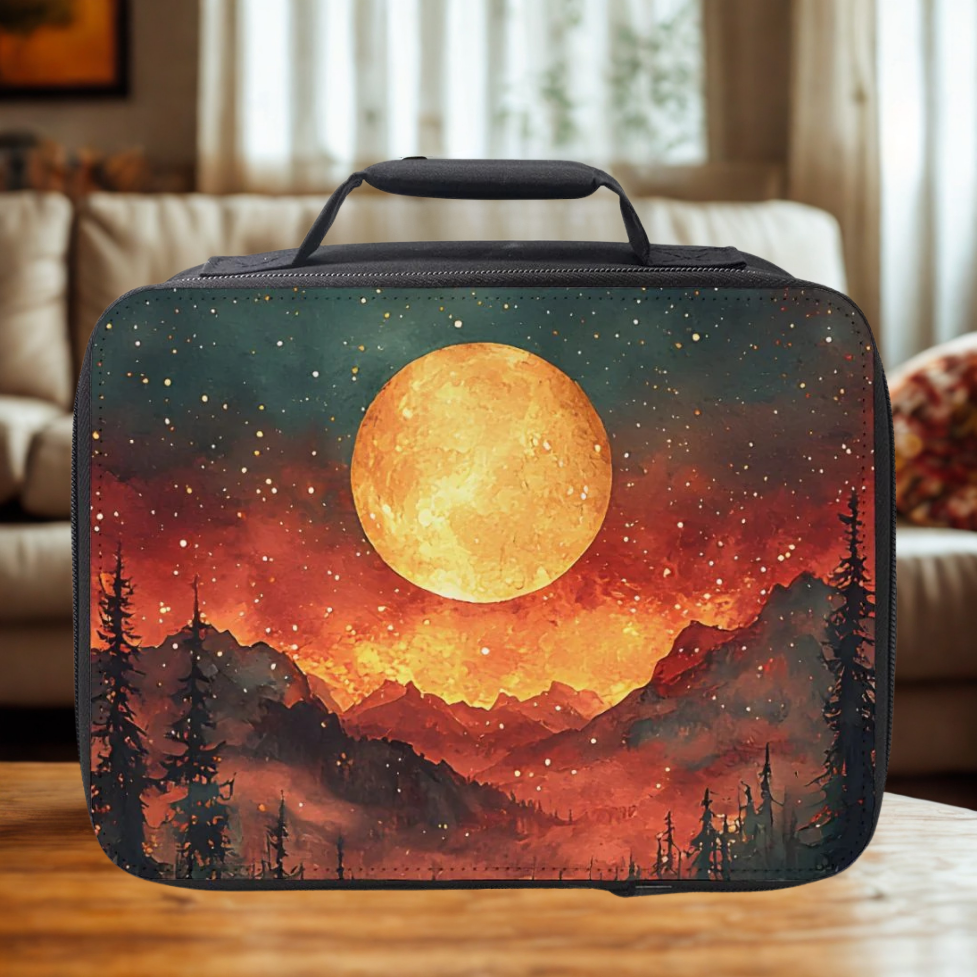 Lunch bag with a mountain and moon design on a table in a living room.
