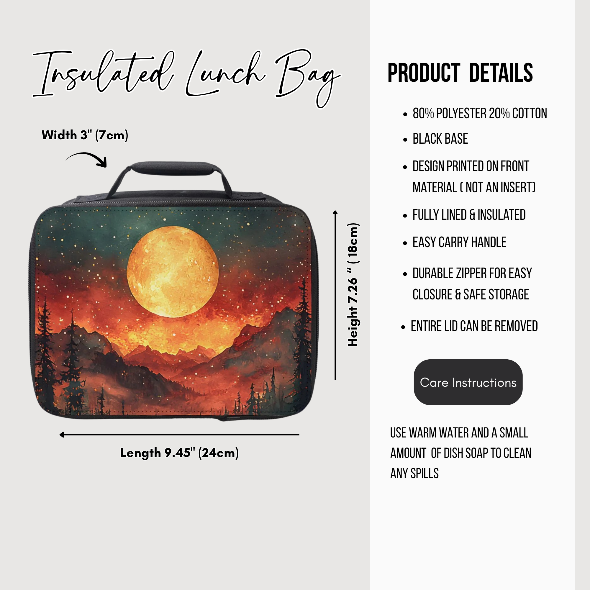 Insulated lunch bag with moon and mountain design, featuring product details on a white background.