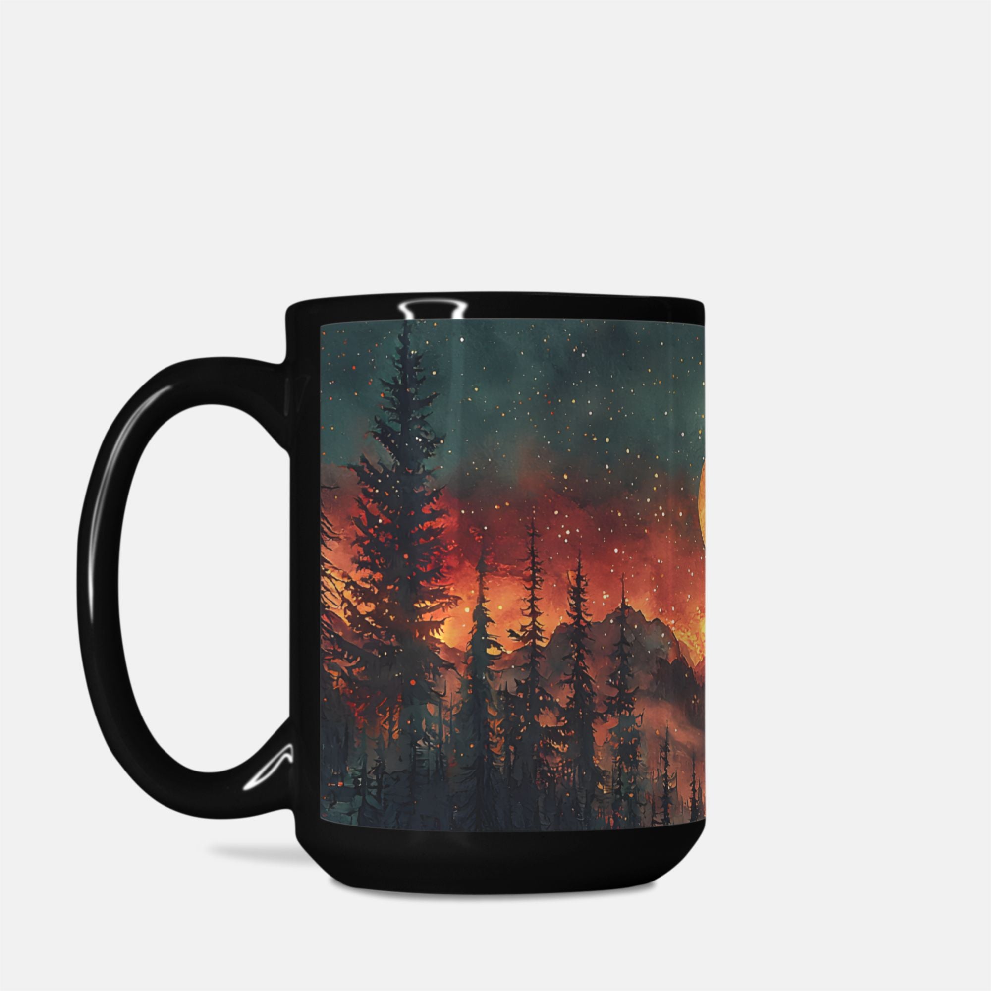 Black mug with a forest silhouette design on a white background