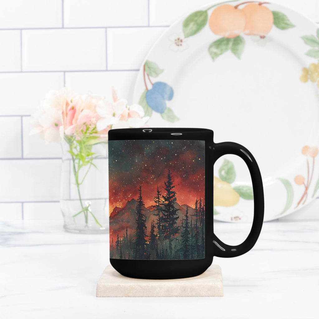 Black mug with a scenic design of trees and mountains on a white surface.
