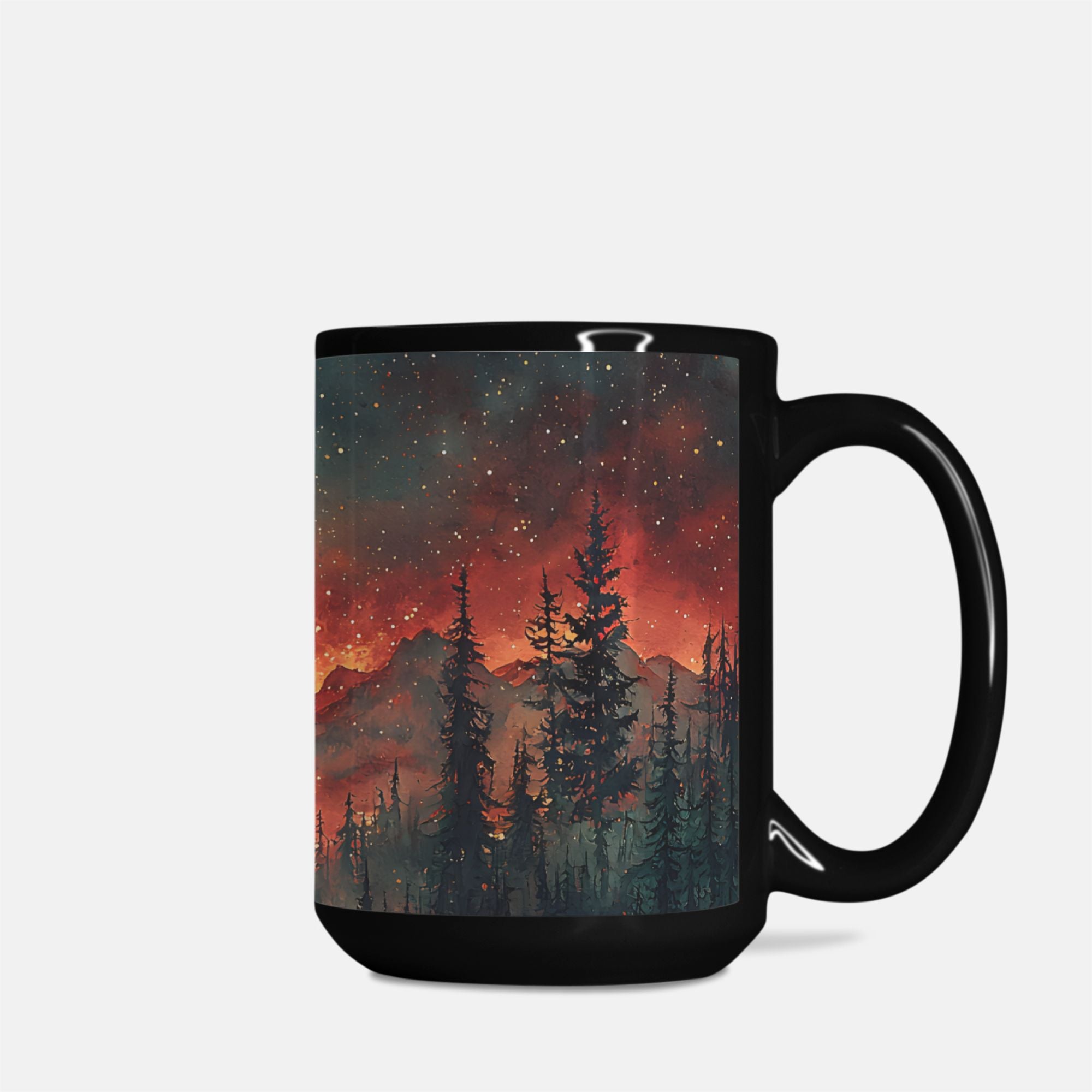 Black mug with a scenic design of trees and mountains under a starry sky.