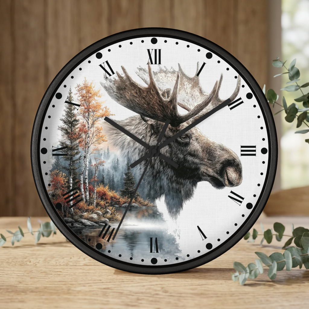 A round wall clock with a black frame and a printed moose head over an autumn forest landscape on the dial, styled on a wooden surface with eucalyptus leaves and a wood-paneled background.