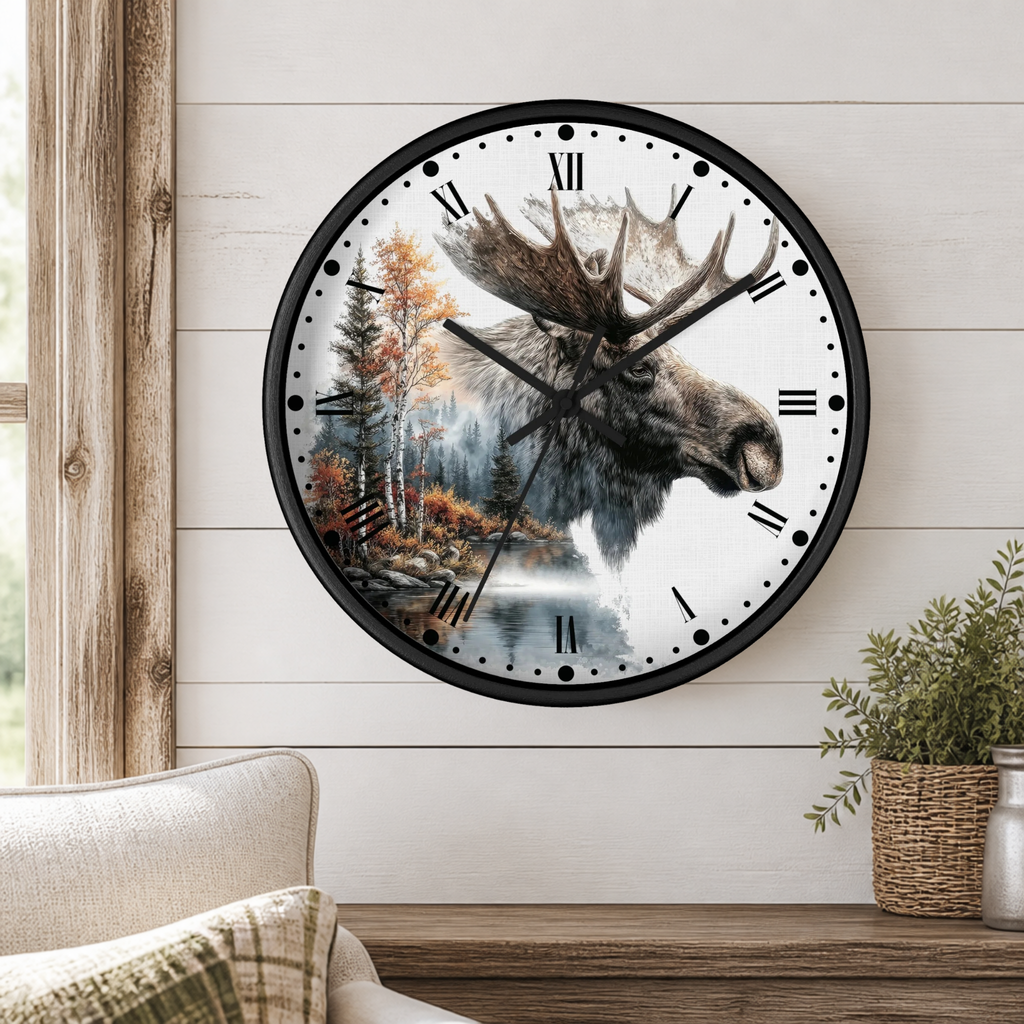 Moose Forest Wall Clock — Rustic Cabin Nature Decor