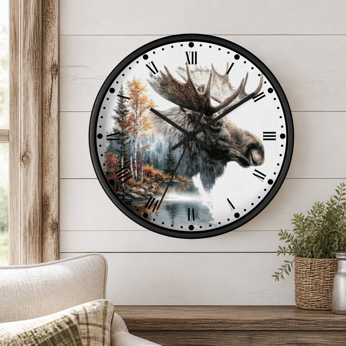 Moose Forest Wall Clock — Rustic Cabin Nature Decor