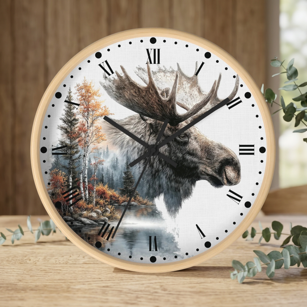 A round wall clock with a light wood frame and a white face featuring a moose head over a forest landscape, styled on a wooden surface with eucalyptus leaves.