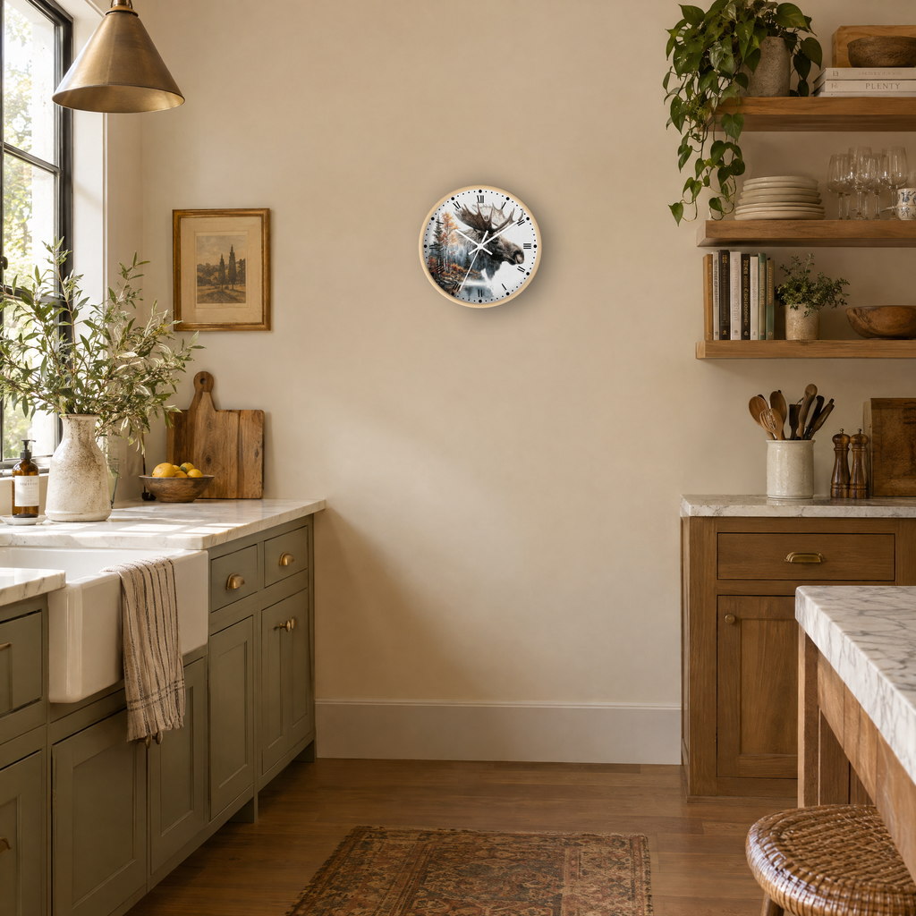Moose Forest Wall Clock — Rustic Cabin Nature Decor