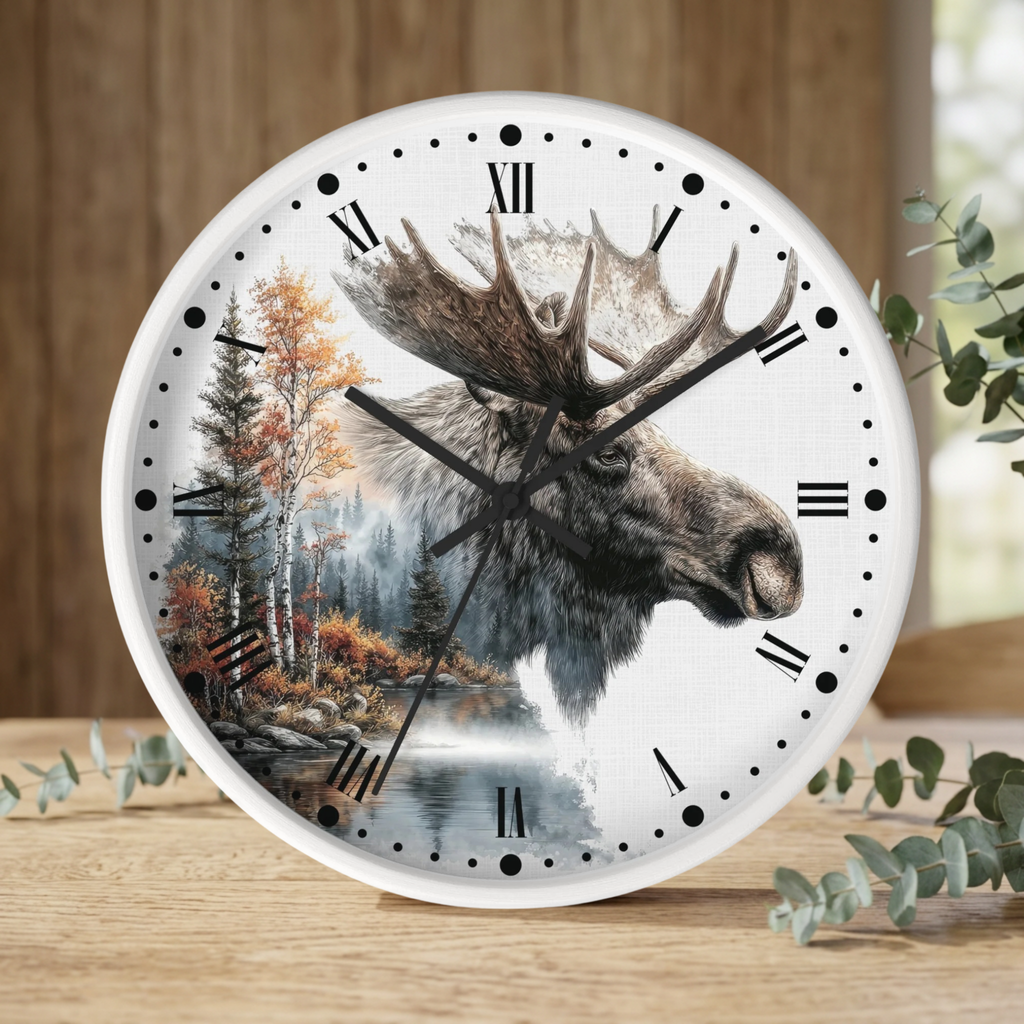 Round wall clock with a white frame and a printed moose head over a forest landscape. The clock face has black Roman numerals, black hour and minute hands, and black minute markers.