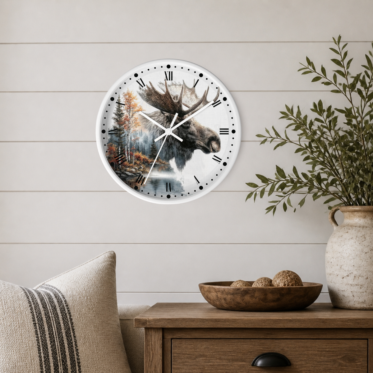 Moose Forest Wall Clock — Rustic Cabin Nature Decor