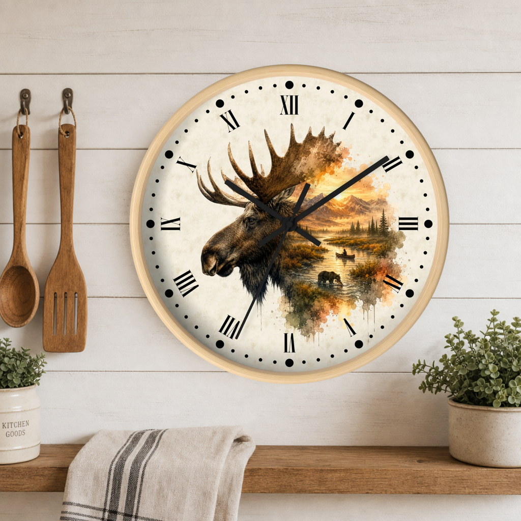 Round wall clock with a moose head and landscape artwork on the face, mounted on a white wood plank wall above a shelf with utensils, plants, and a towel.