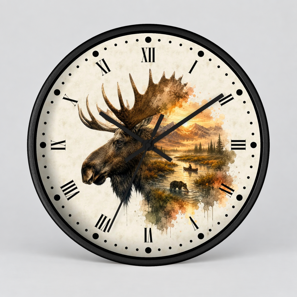 A round wall clock with a black frame and a cream-colored face featuring a watercolor-style moose head and autumn landscape scene with Roman numerals and black hands.