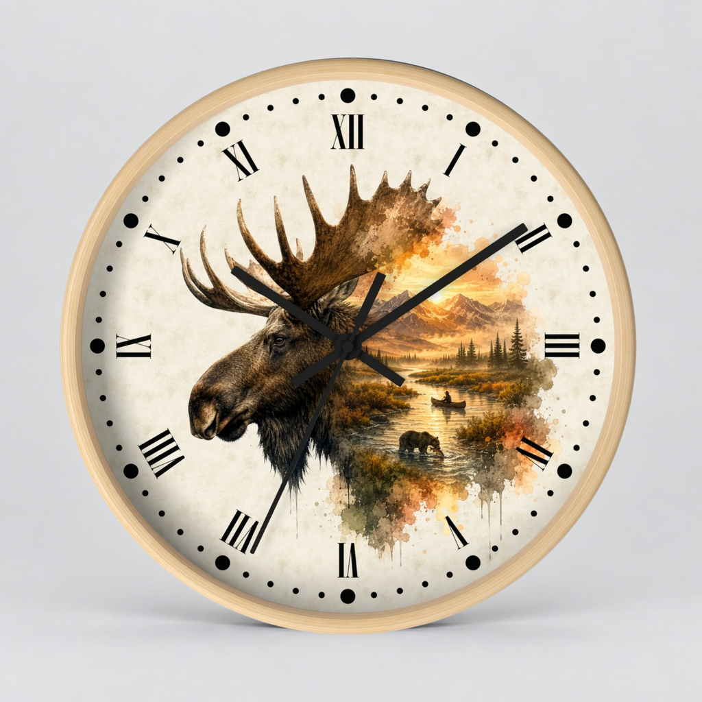 Round wall clock with a light wood frame and a cream-colored face featuring a moose head illustration over a scenic landscape with mountains, trees, and water, plus black Roman numerals and hands.