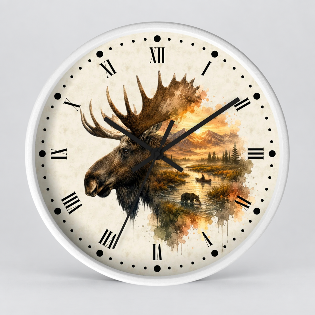 A round wall clock with a white frame and a cream-colored face featuring a moose head over a watercolor landscape of a lake, bear, and sunset. The clock uses Roman numerals for hour markers and has black hands and black dot hour markers.