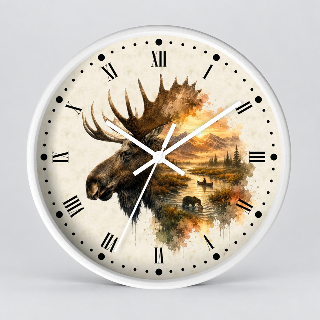 Round wall clock with a white frame and a printed moose head over a scenic landscape in warm autumn tones, with black Roman numerals and white hands on a light gray background.