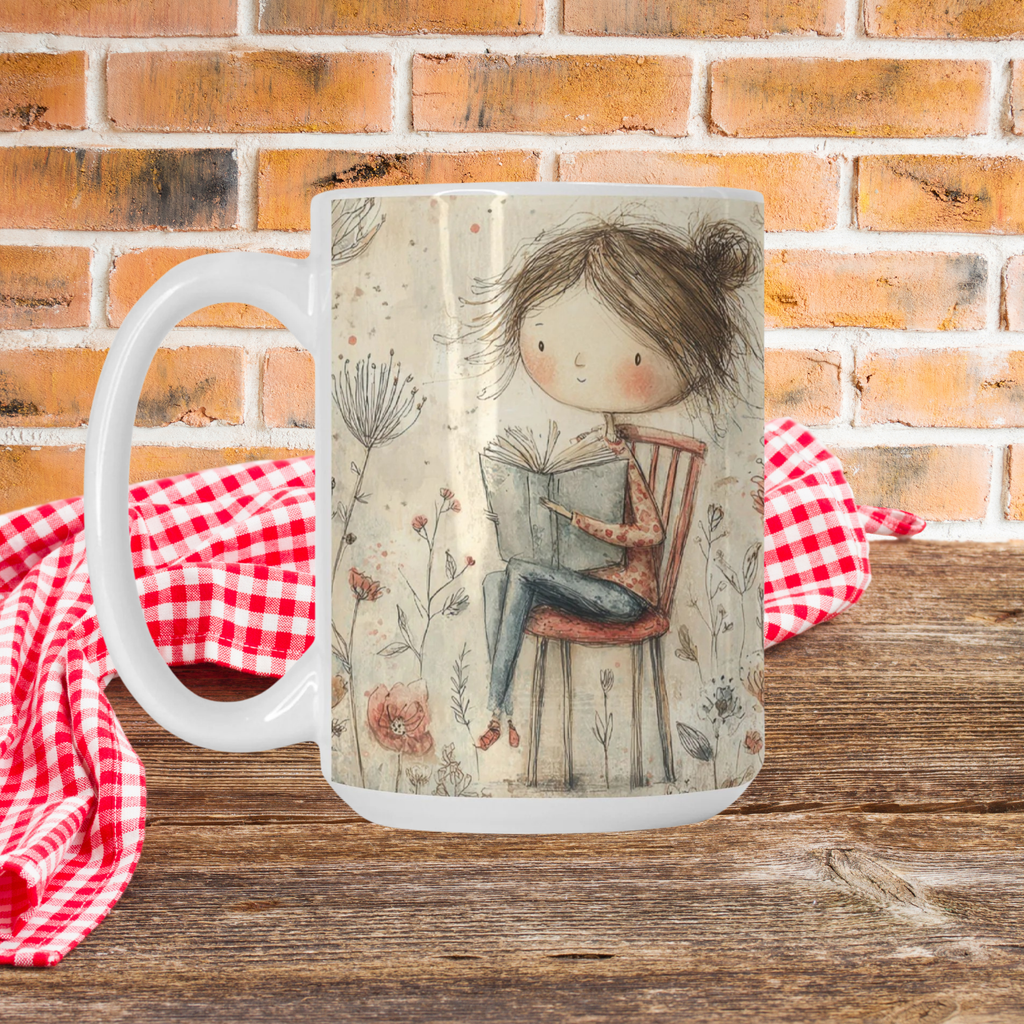 Mug with a design of a girl reading a book on a wooden surface with a brick wall background.