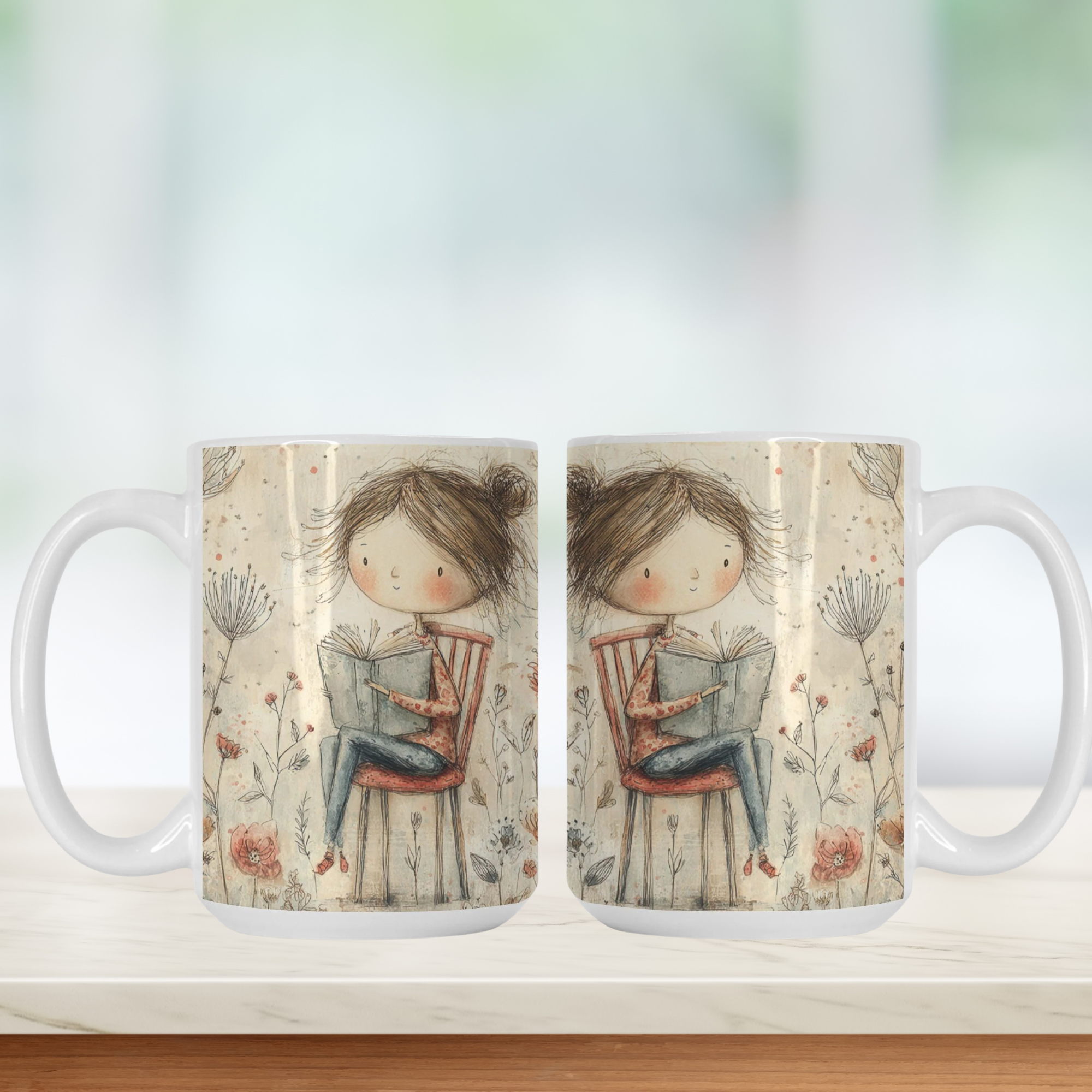 Two mugs with a design of a girl reading a book on a chair, set against a light background.