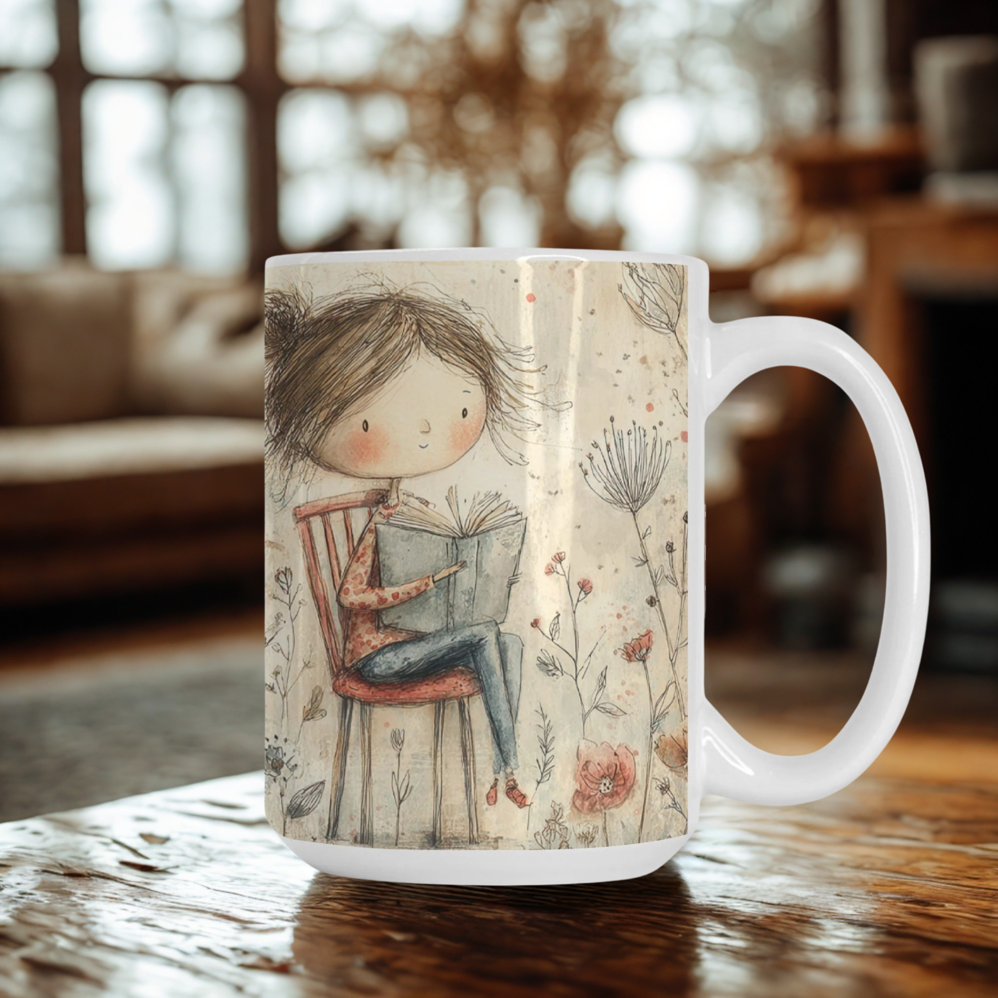 Mug with a decorative design of a girl sitting on a chair in a cozy room.