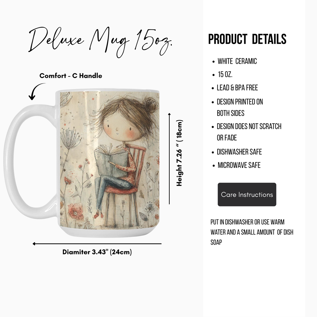 Deluxe mug with a design of a girl reading a book, featuring product details on a white background.