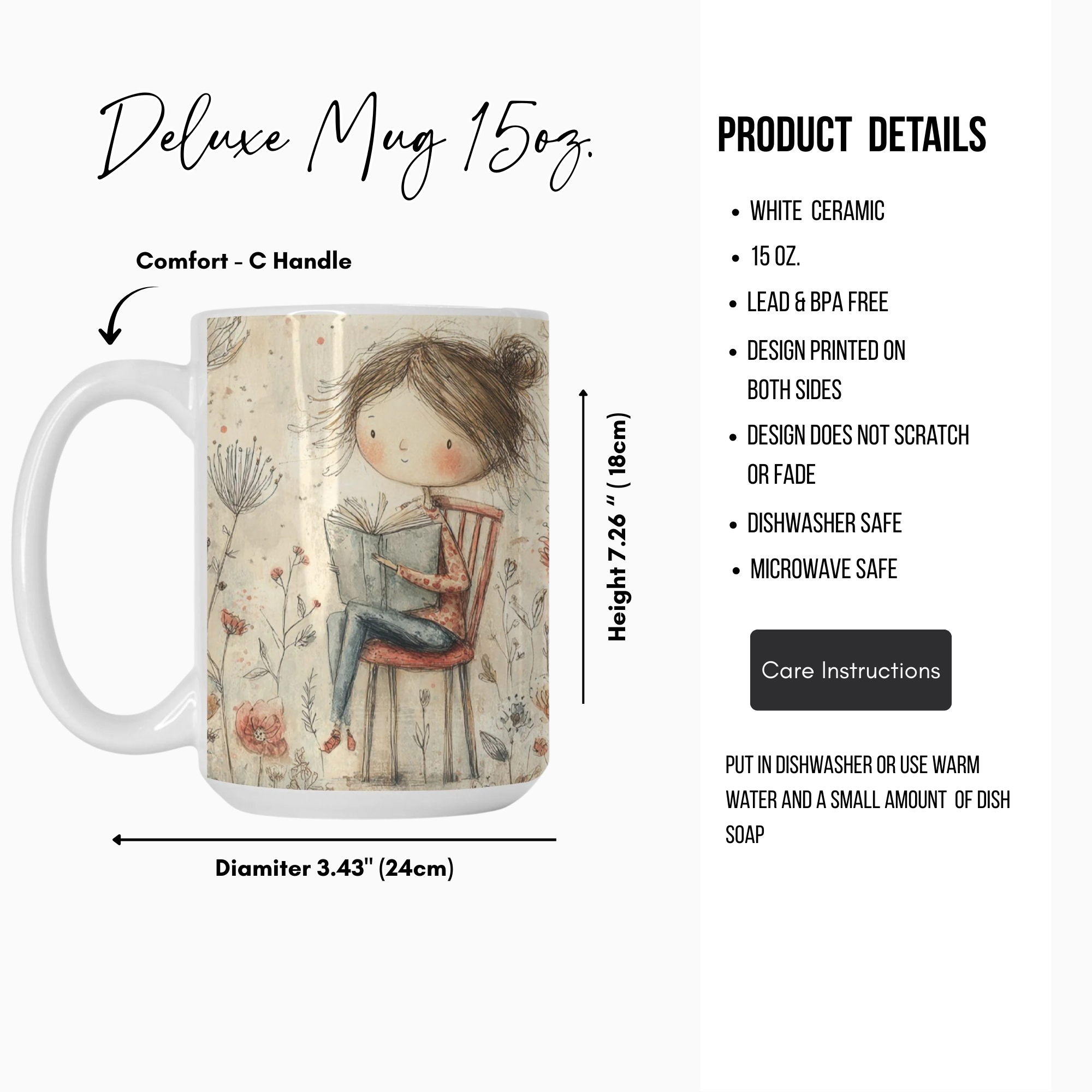 Deluxe mug with a design of a girl reading a book, featuring product details on a white background.