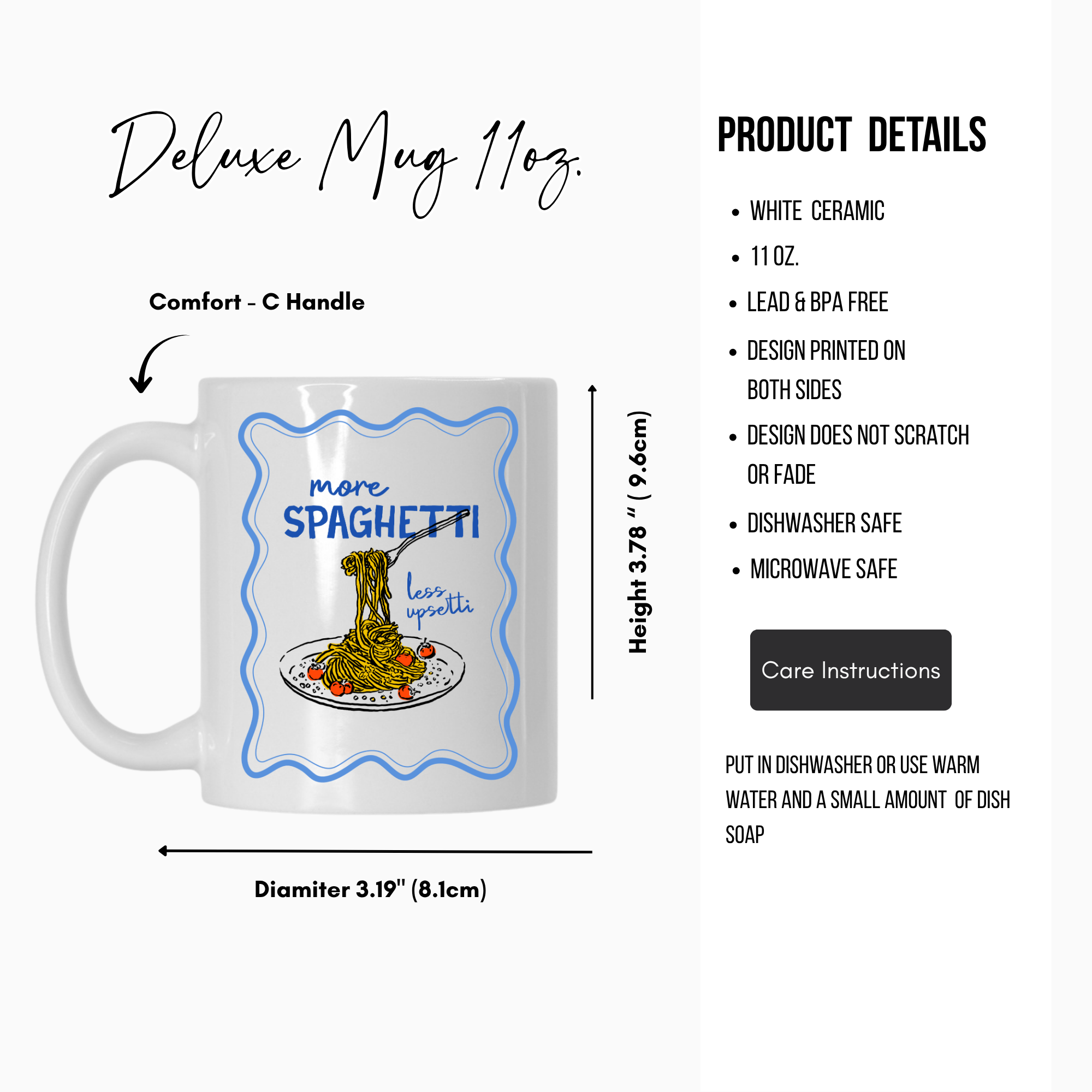 11oz. white ceramic mug with spaghetti design and product details on a white background