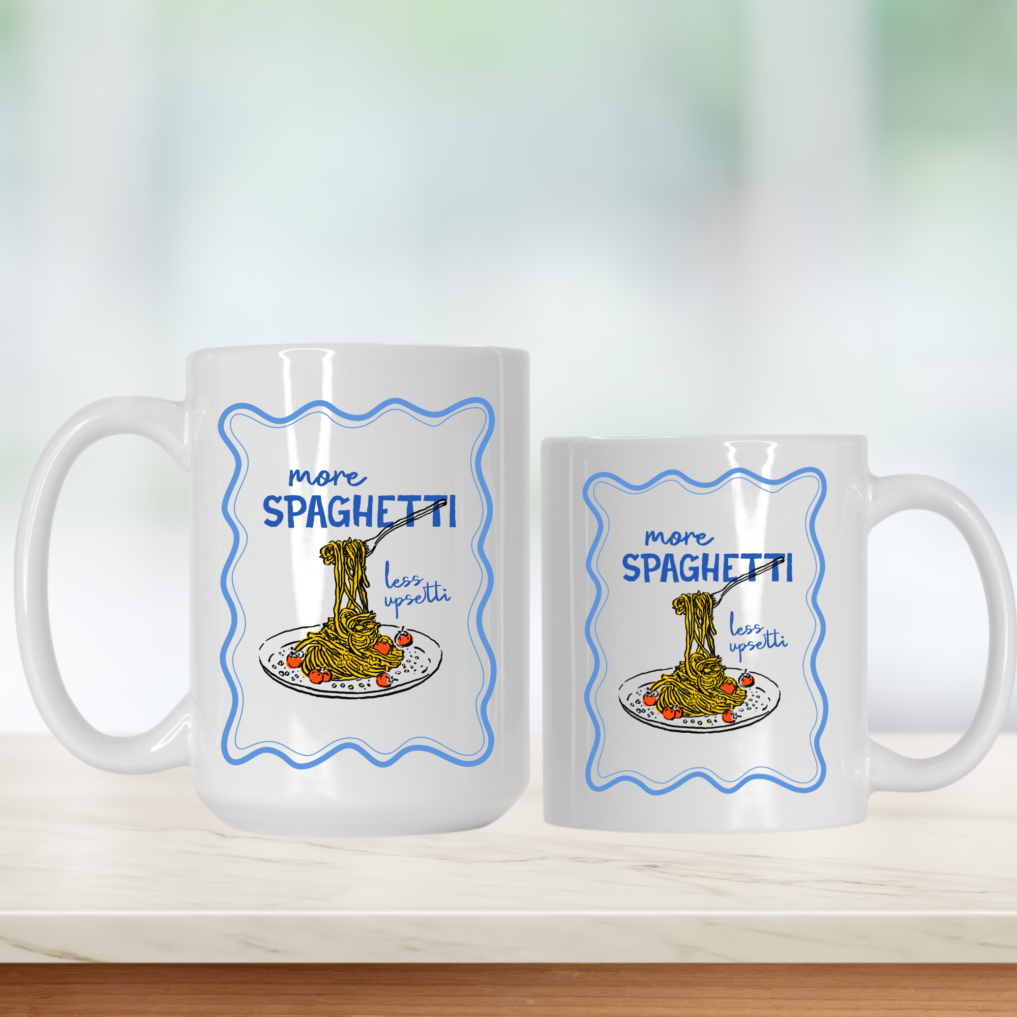 15oz. & 11oz. white mugs with spaghetti design and text on a light background