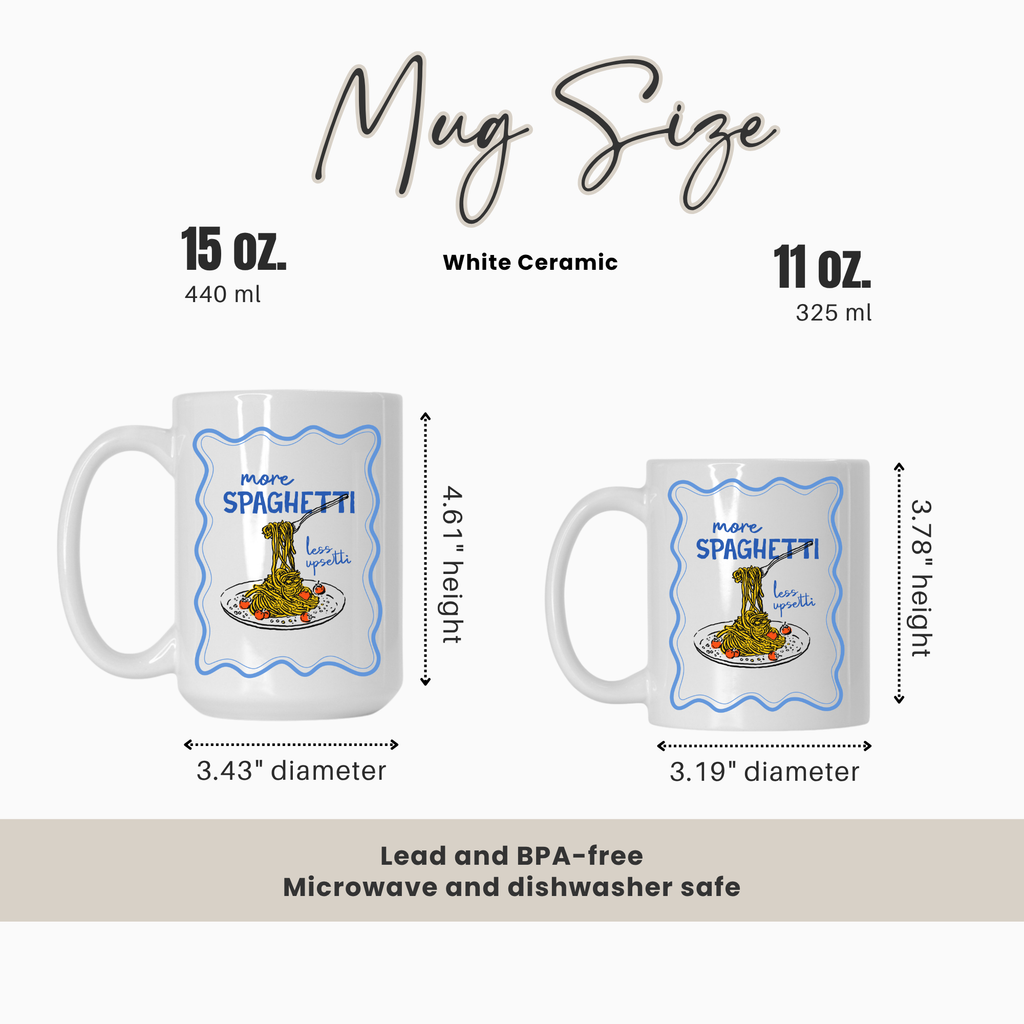 15oz. and 11oz. Mug size comparison chart with two mugs and measurements on a white background