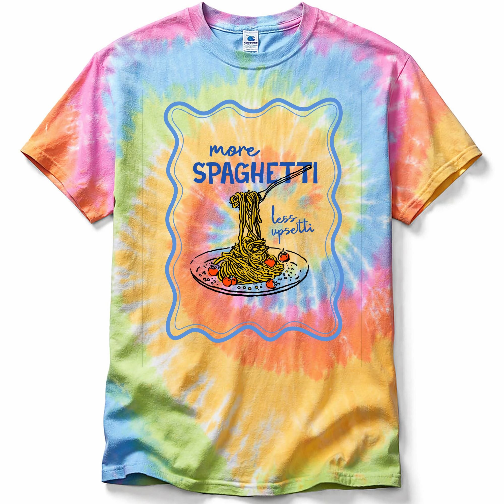 Colorful tie-dye t-shirt with a graphic of spaghetti and text 'more spaghetti, less upsetti' on a white background.