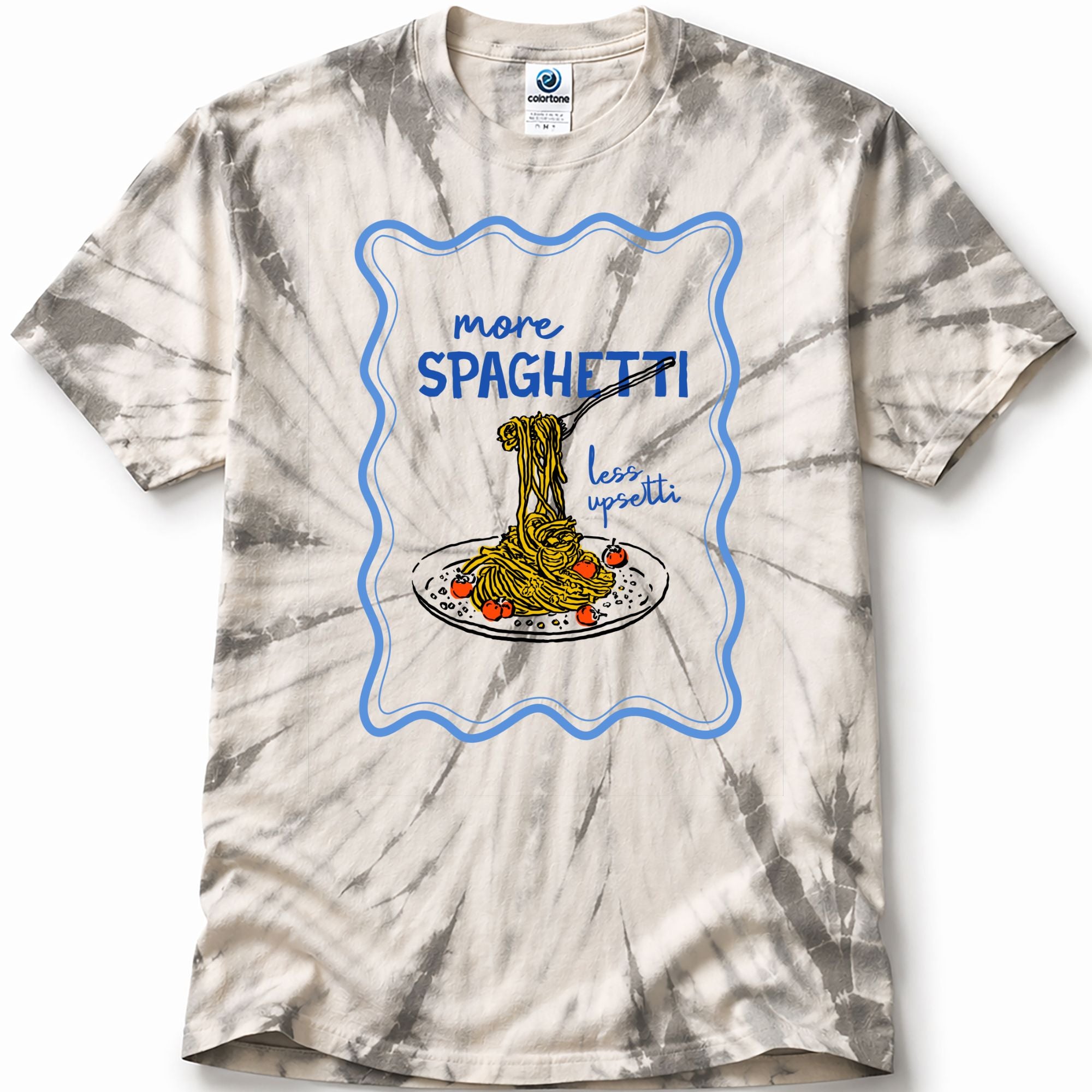 Tie-dye t-shirt with a graphic of spaghetti and text 'more Spaghetti, less upsetti' on a white background.