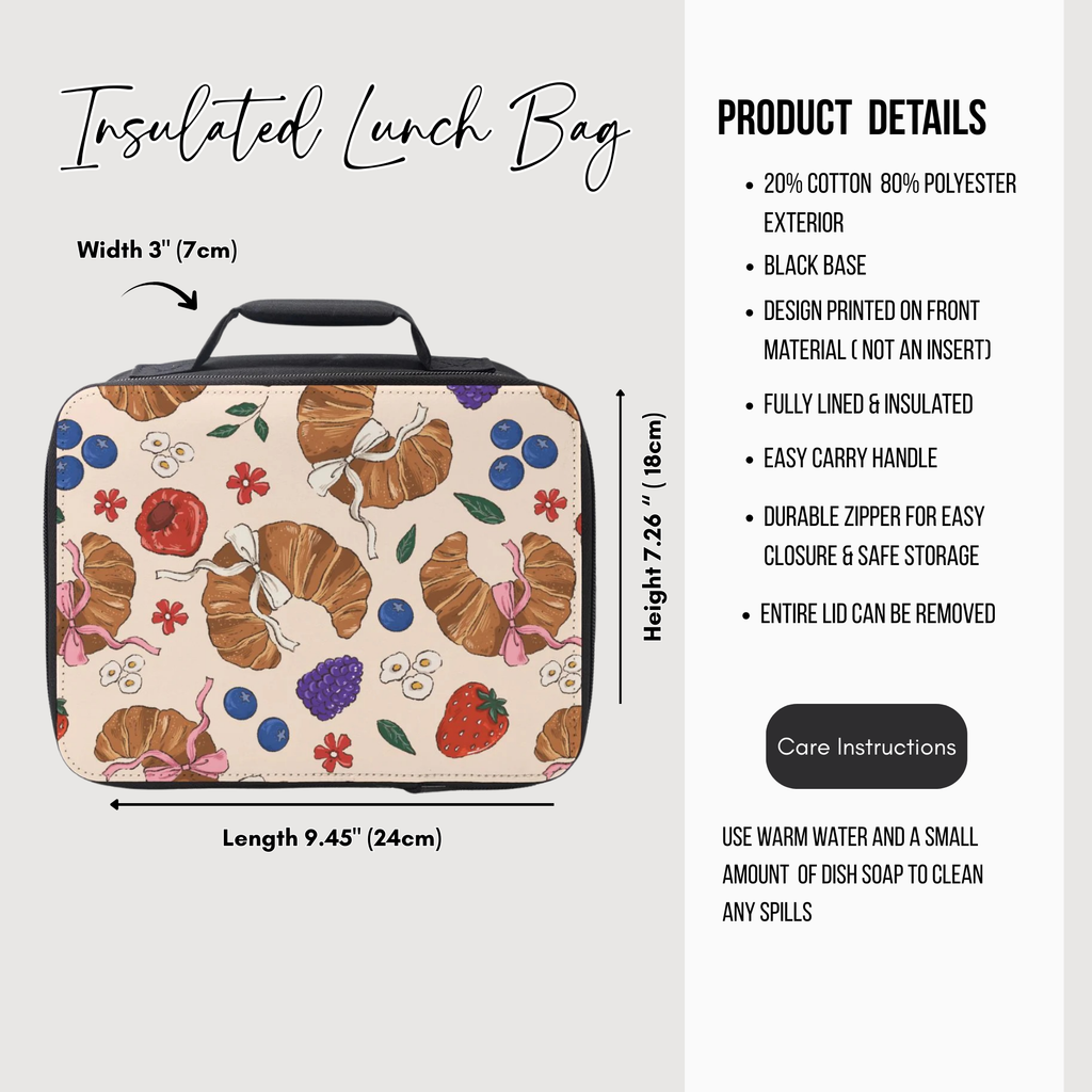 Insulated lunch bag with floral and pastry design, featuring dimensions and product details.