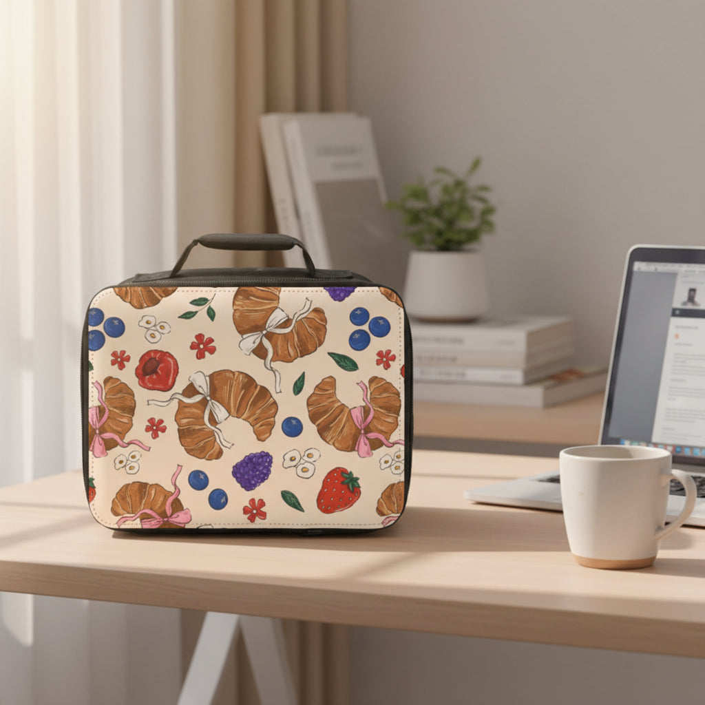  insulated lunch bag with croissant and fruit pattern on a white background