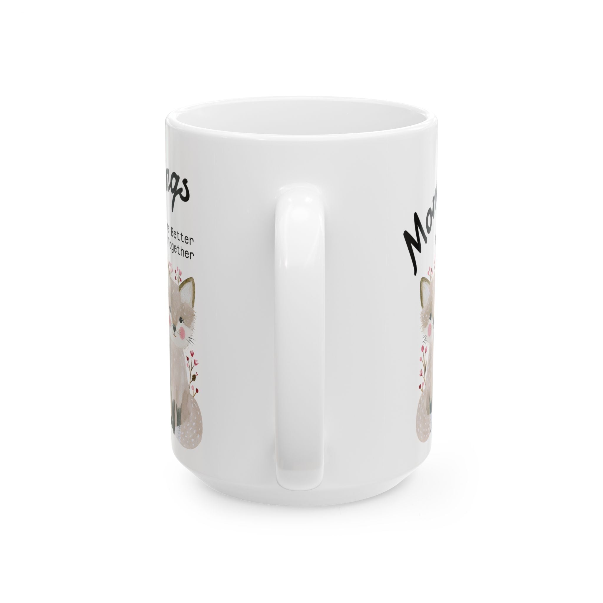 Handle view of a 15oz ceramic mug with a fox couple design on a white background.