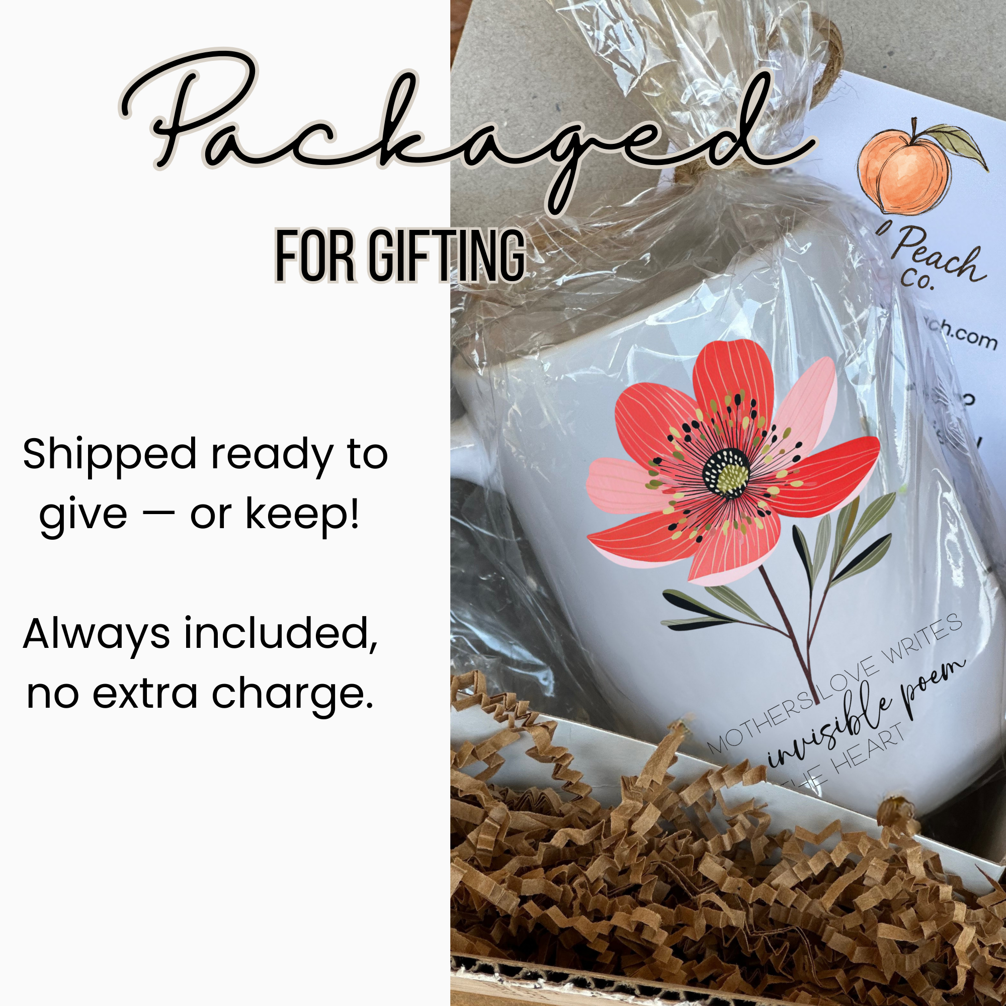 White 15oz mug with floral design in a clear gift bag, inside a white gift box with brown paper ready for gifting.