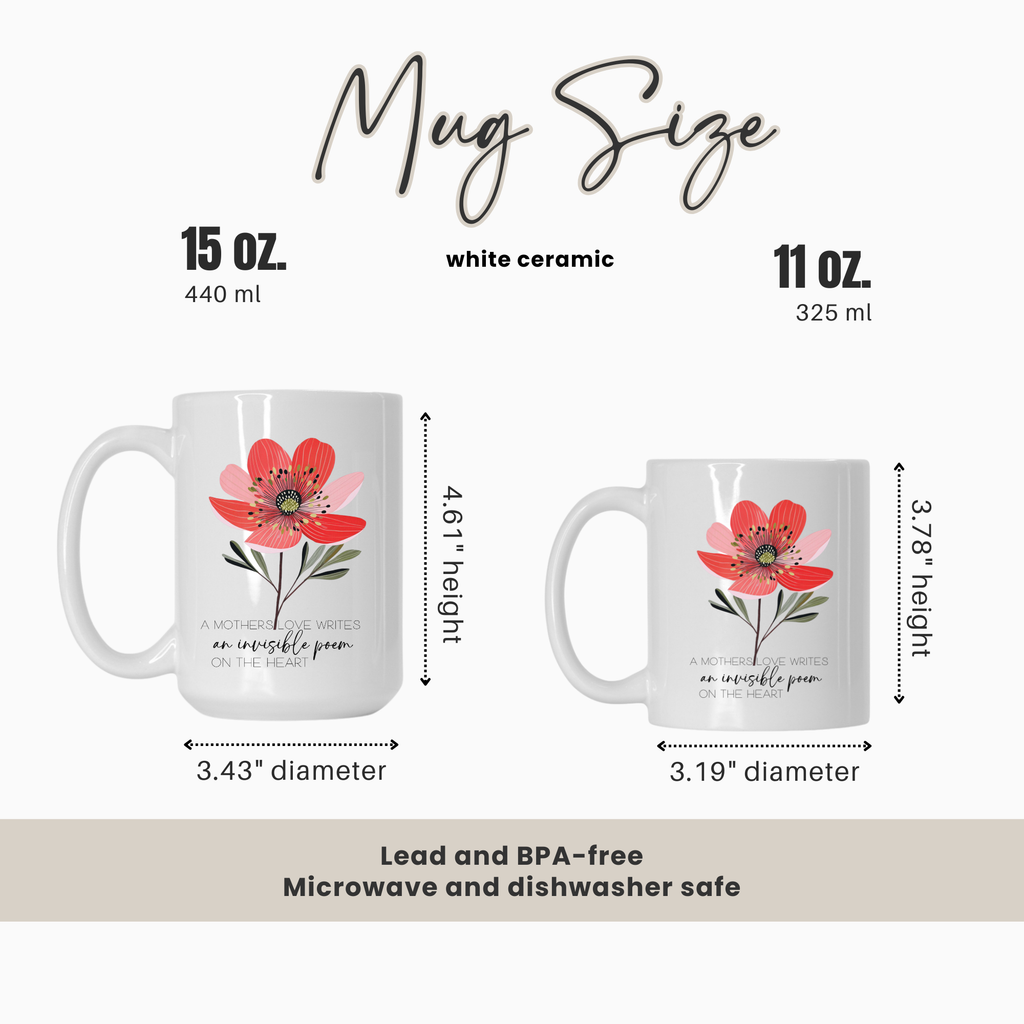 Two mugs with floral designs and measurements on a white background