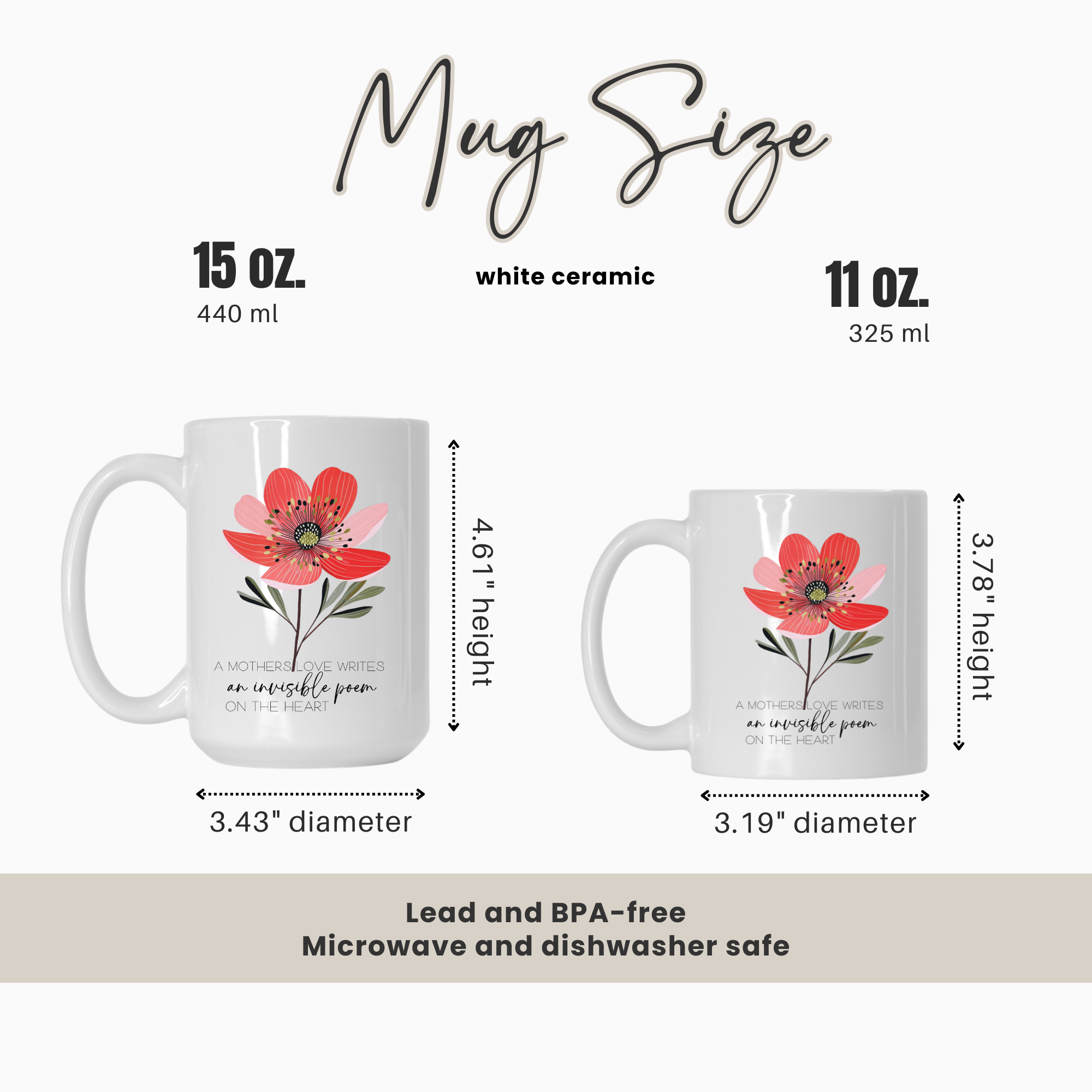 Two mugs with floral designs and measurements on a white background