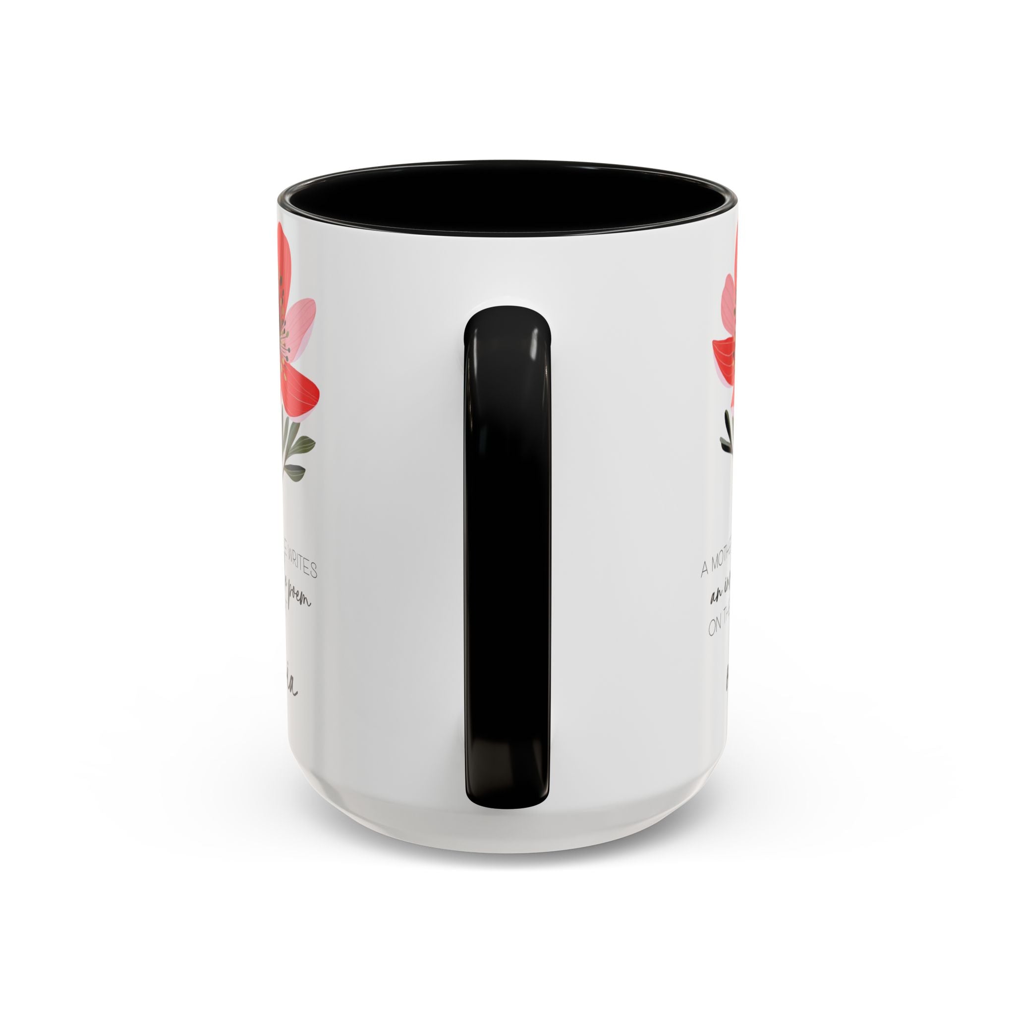 White mug with black handle and red floral design on a white background