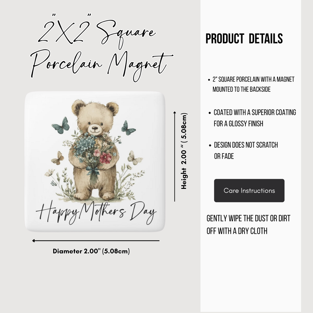 2x2 square porcelain magnet with teddy bear and flowers design, featuring product details on a white background.