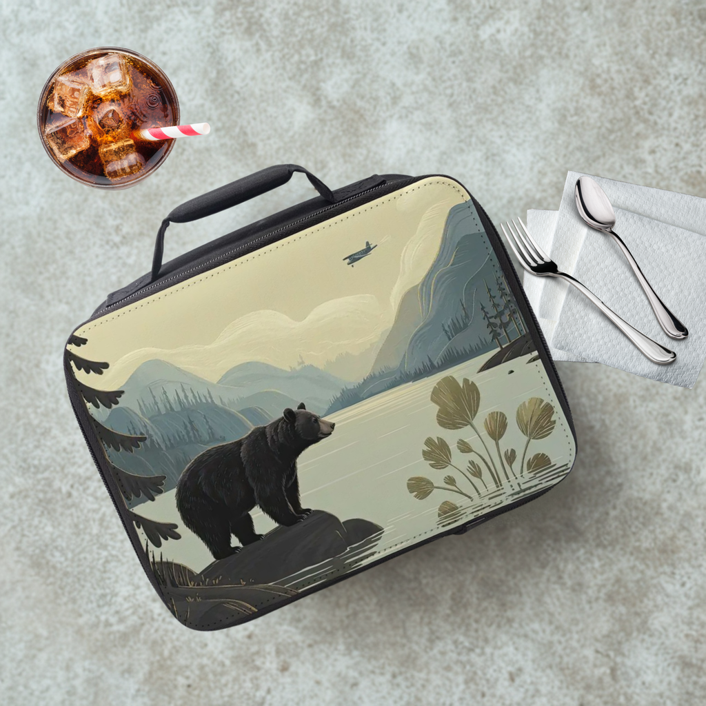 Lunch bag with bear design on a cafeteria table with a drink and utensils.